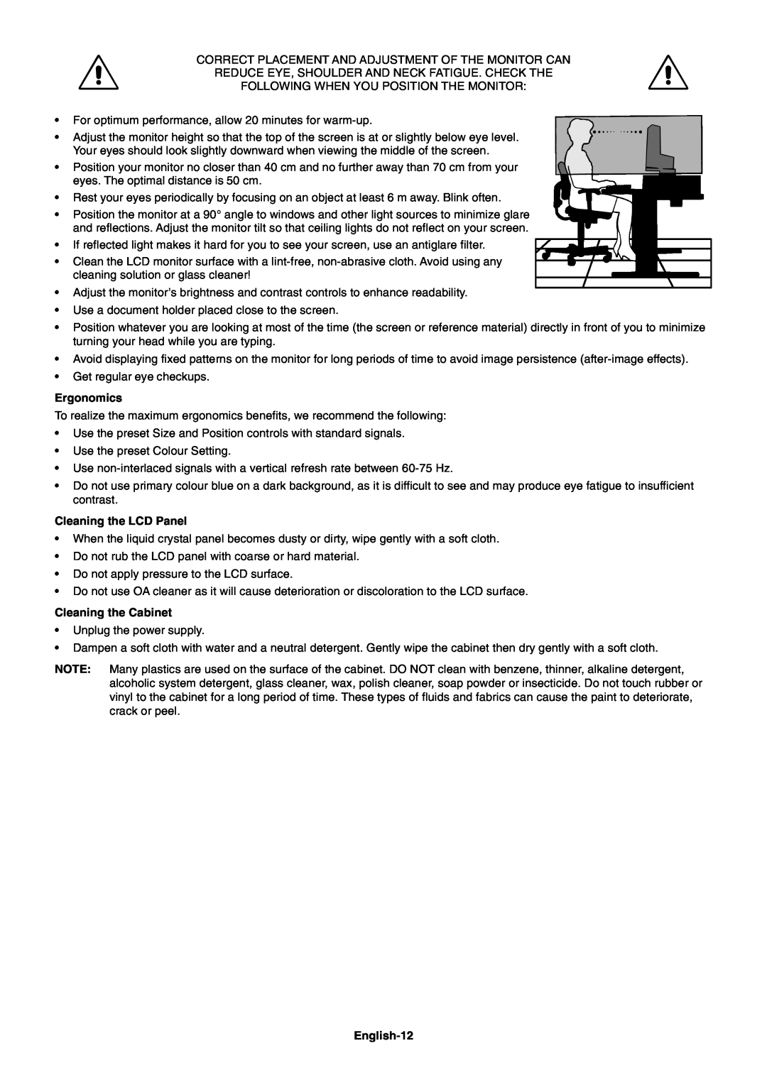NEC LCD22WMGX user manual Ergonomics, Cleaning the LCD Panel, Cleaning the Cabinet, English-12 