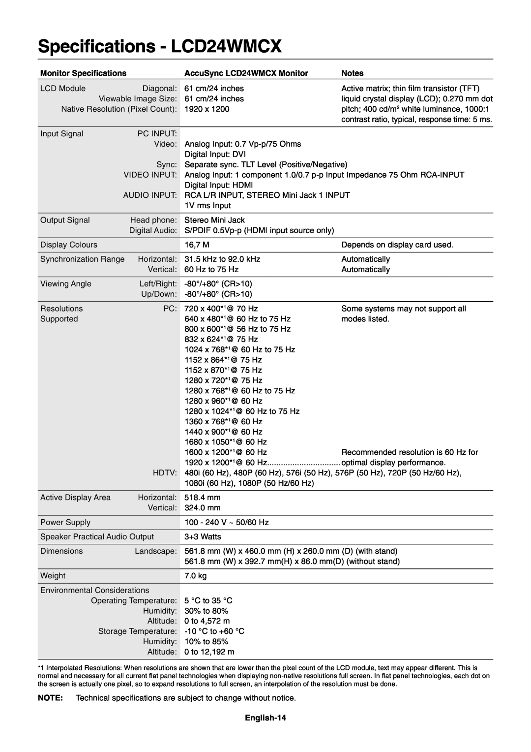 NEC LCD22WMGX user manual Specifications - LCD24WMCX, Monitor Specifications, AccuSync LCD24WMCX Monitor, English-14 