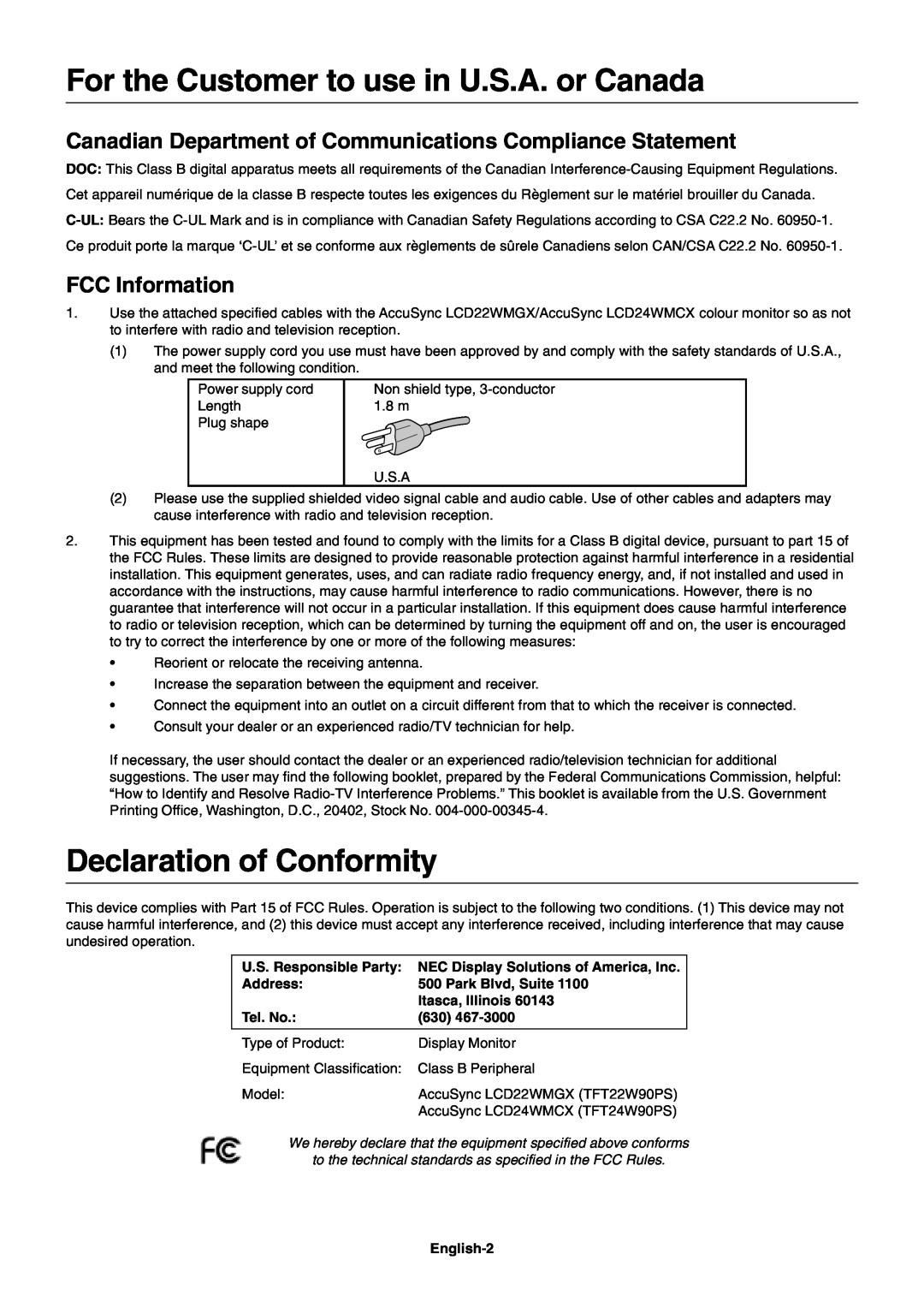 NEC LCD22WMGX user manual For the Customer to use in U.S.A. or Canada, Declaration of Conformity, FCC Information 