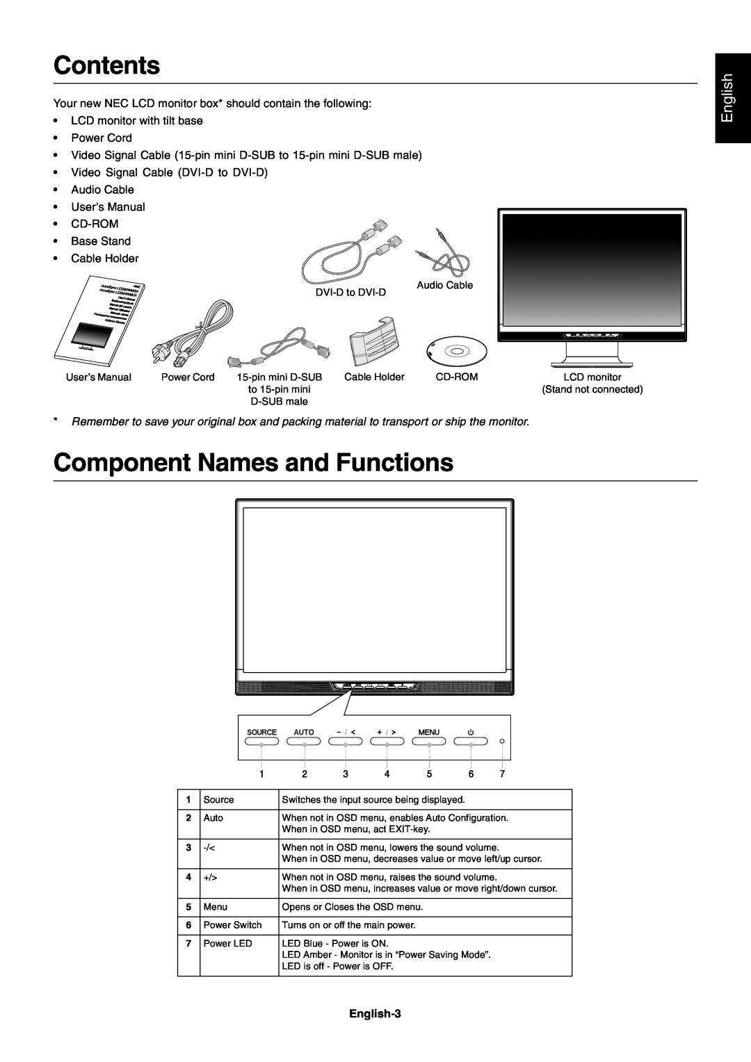 NEC LCD22WMGX Contents, Component Names and Functions, English, Audio Cable DVI-D to DVI-D, UserÕs Manual, Power Cord 