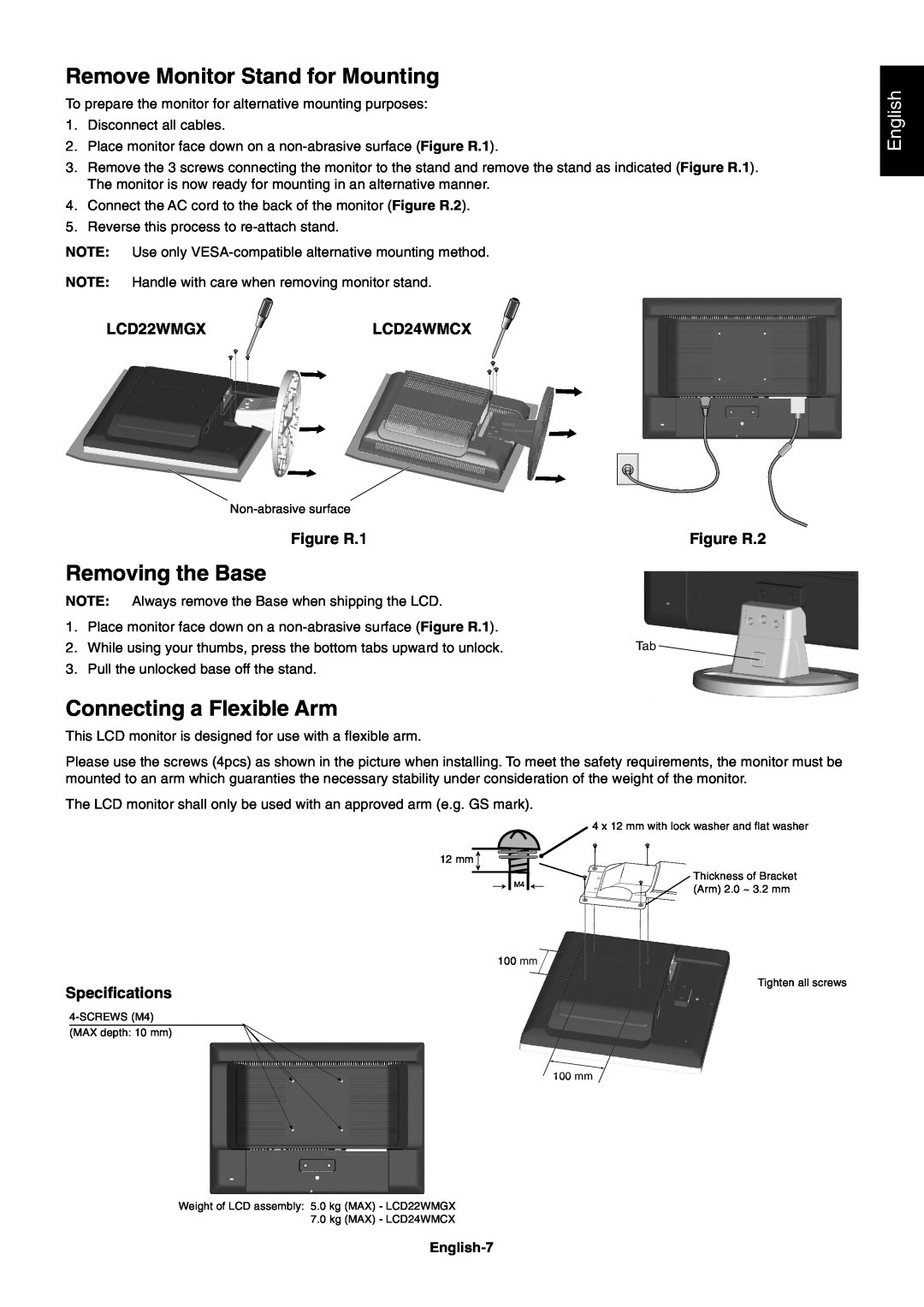 NEC Remove Monitor Stand for Mounting, Removing the Base, Connecting a Flexible Arm, English, LCD22WMGXLCD24WMCX 