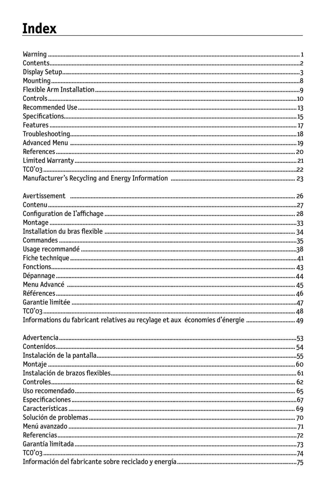 NEC LCD2470WNX, LCD2470WVX user manual Index, Manufacturer’s Recycling and Energy Information 