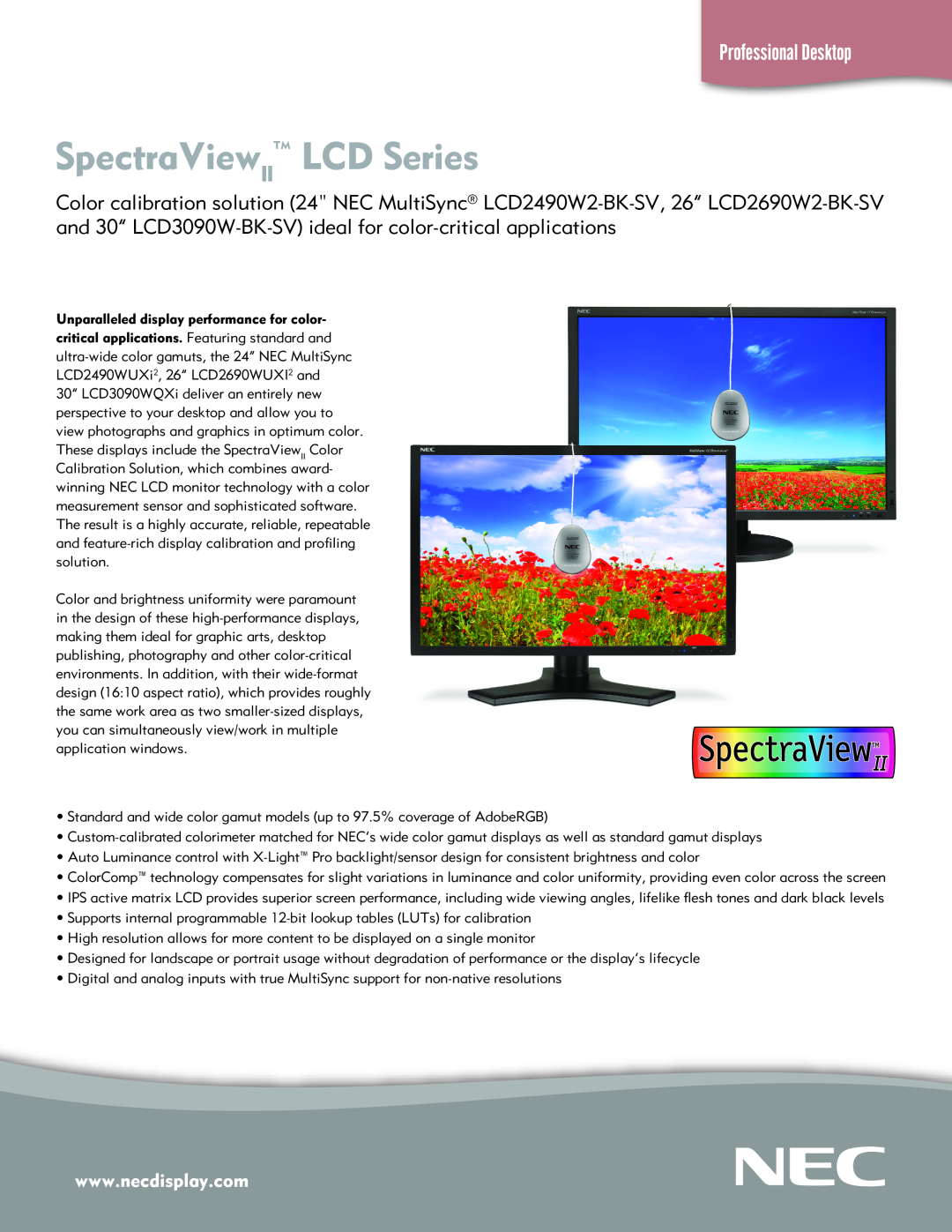 NEC LCD2490W2-BK-SV, LCD2690W2-BK-SV manual SpectraViewIITM LCD Series, Professional Desktop 