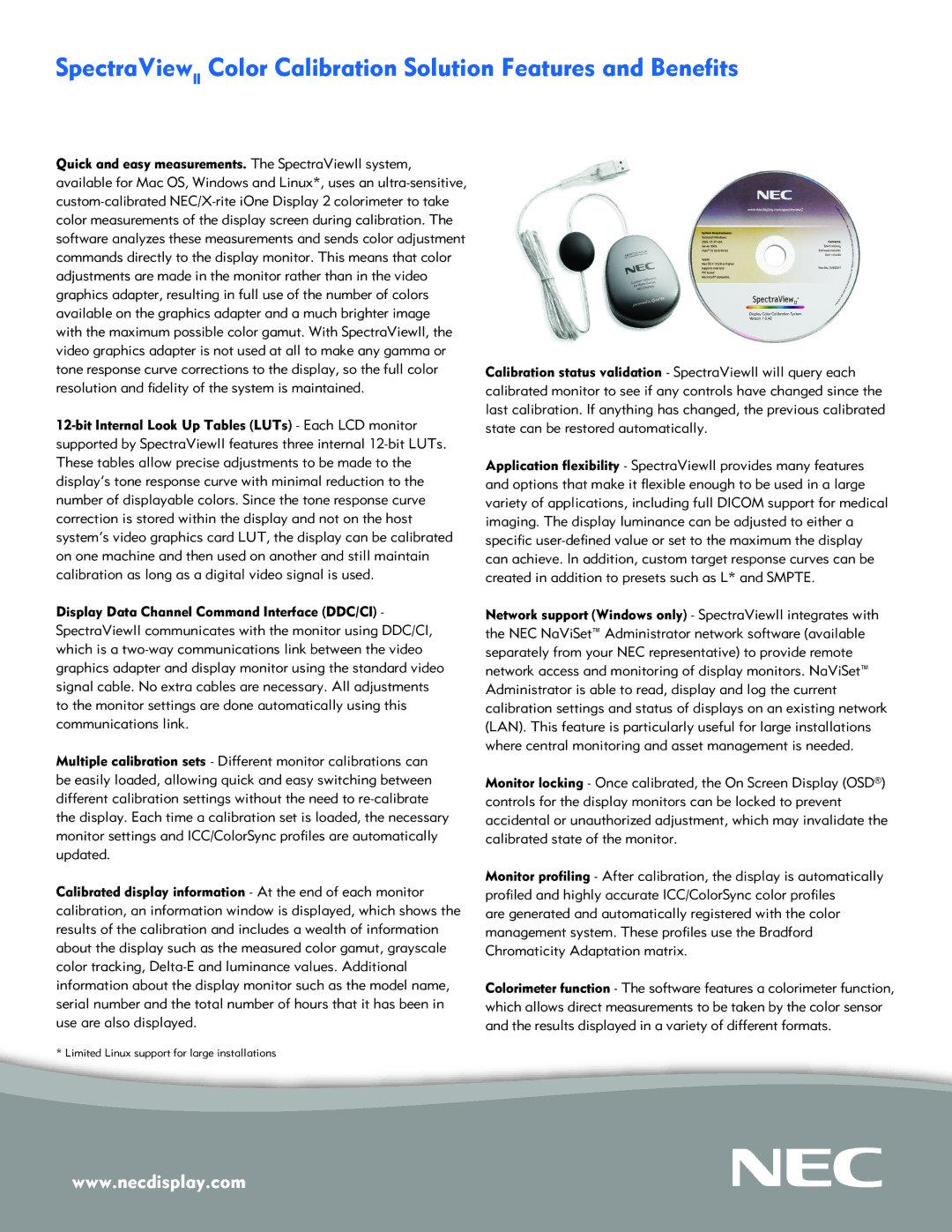 NEC LCD2690W2-BK-SV, LCD2490W2-BK-SV manual Limited Linux support for large installations 