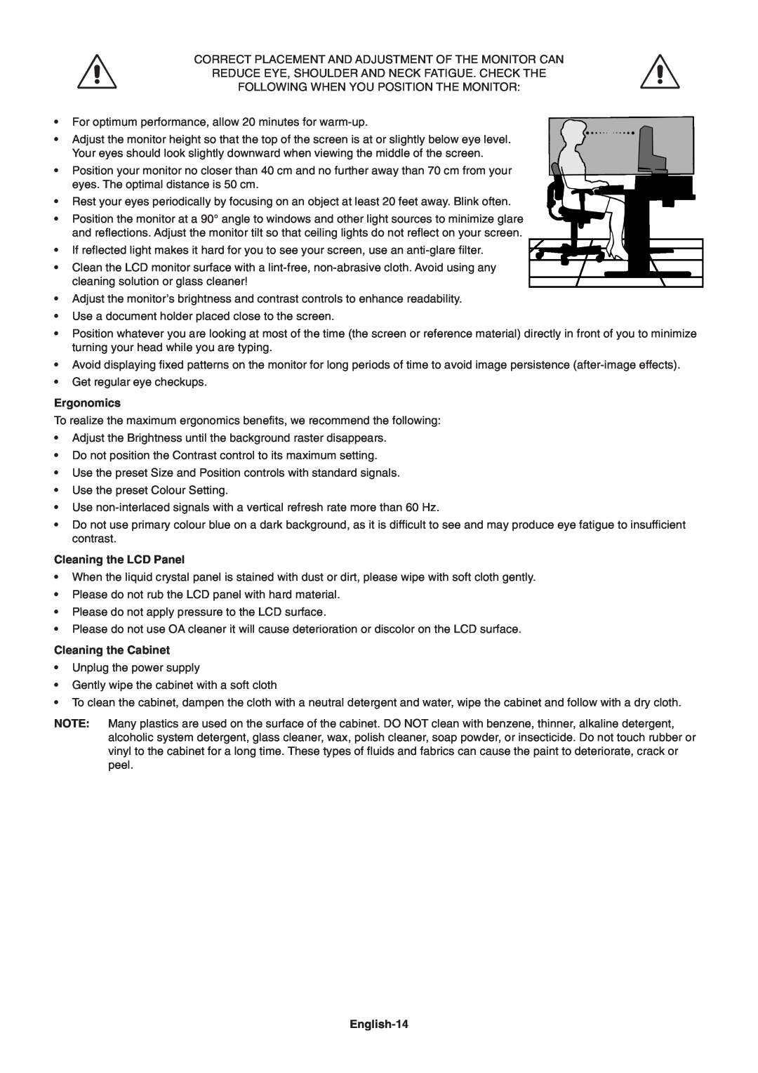 NEC LCD2690WUXi user manual Ergonomics, Cleaning the LCD Panel, Cleaning the Cabinet, English-14 