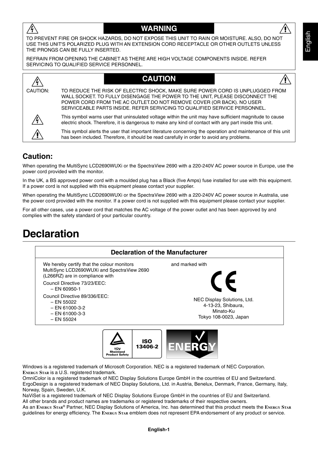 NEC LCD2690WUXi user manual Declaration of the Manufacturer, English 