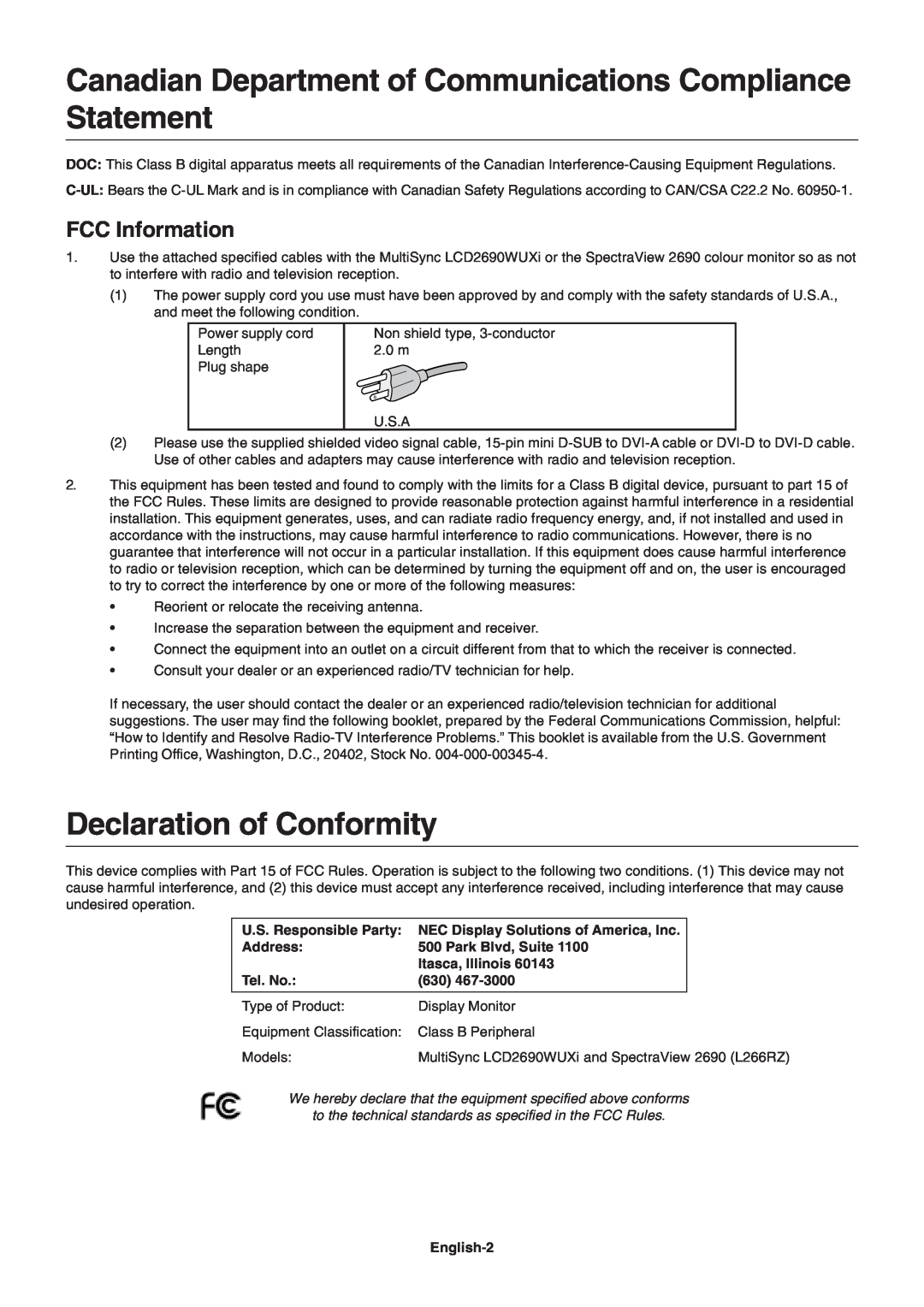 NEC LCD2690WUXi Canadian Department of Communications Compliance Statement, Declaration of Conformity, FCC Information 