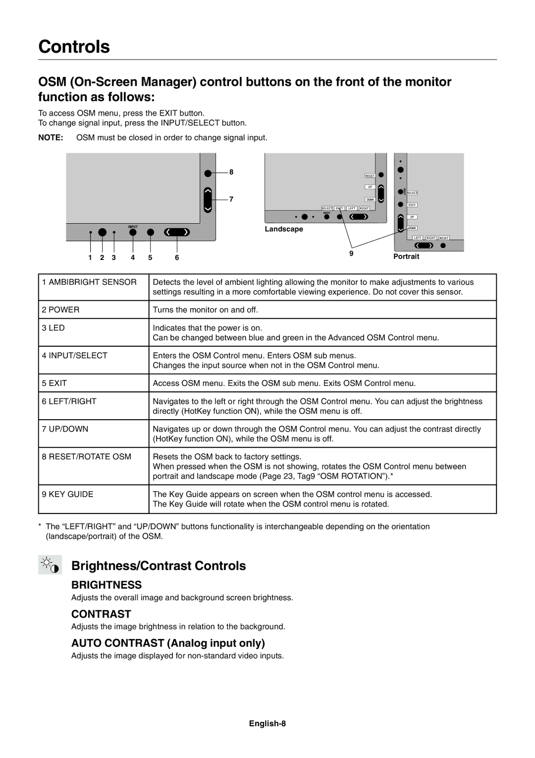 NEC LCD2690WUXi user manual Brightness/Contrast Controls, English-8 