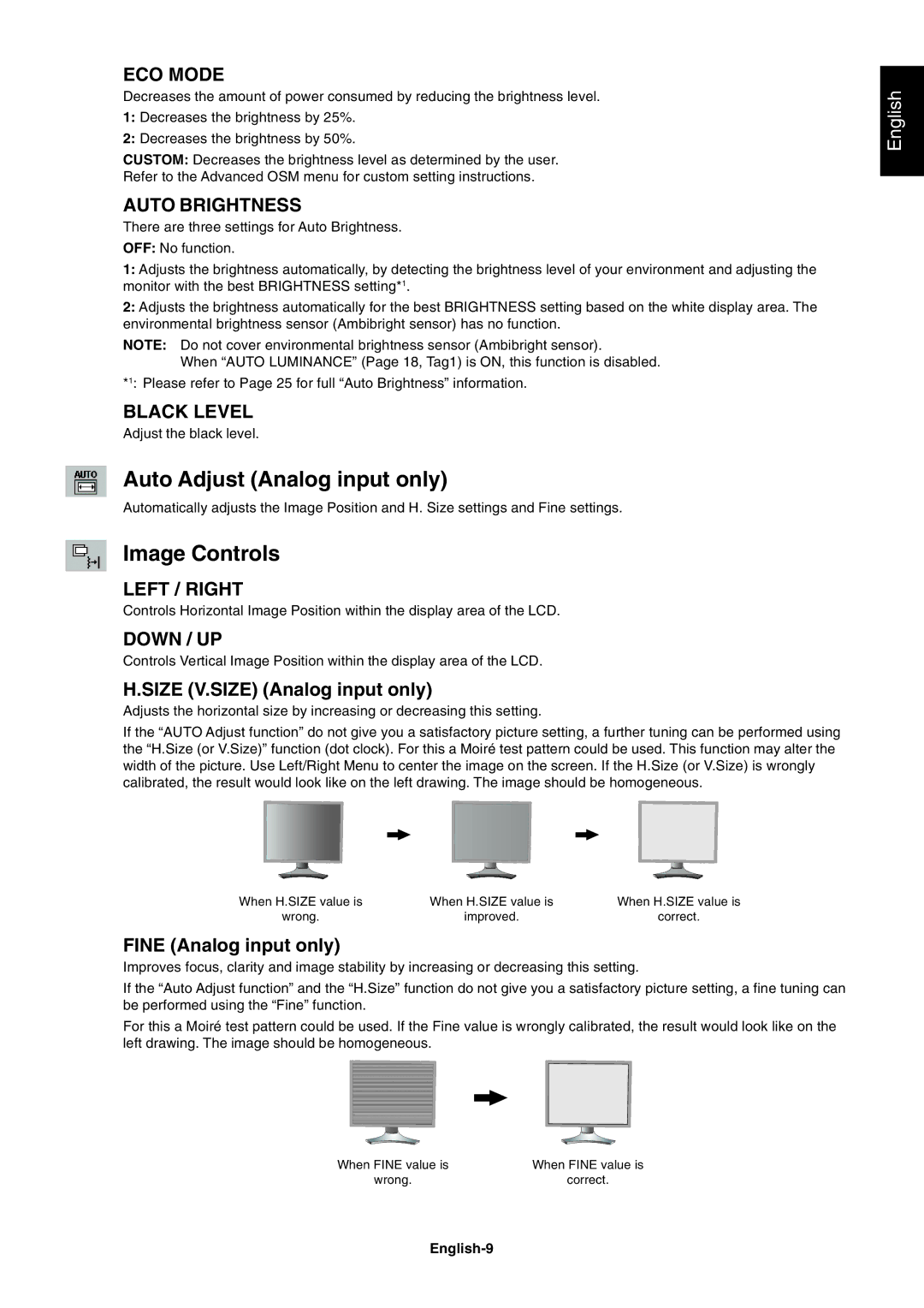 NEC LCD2690WUXi user manual Auto Adjust Analog input only, Image Controls 