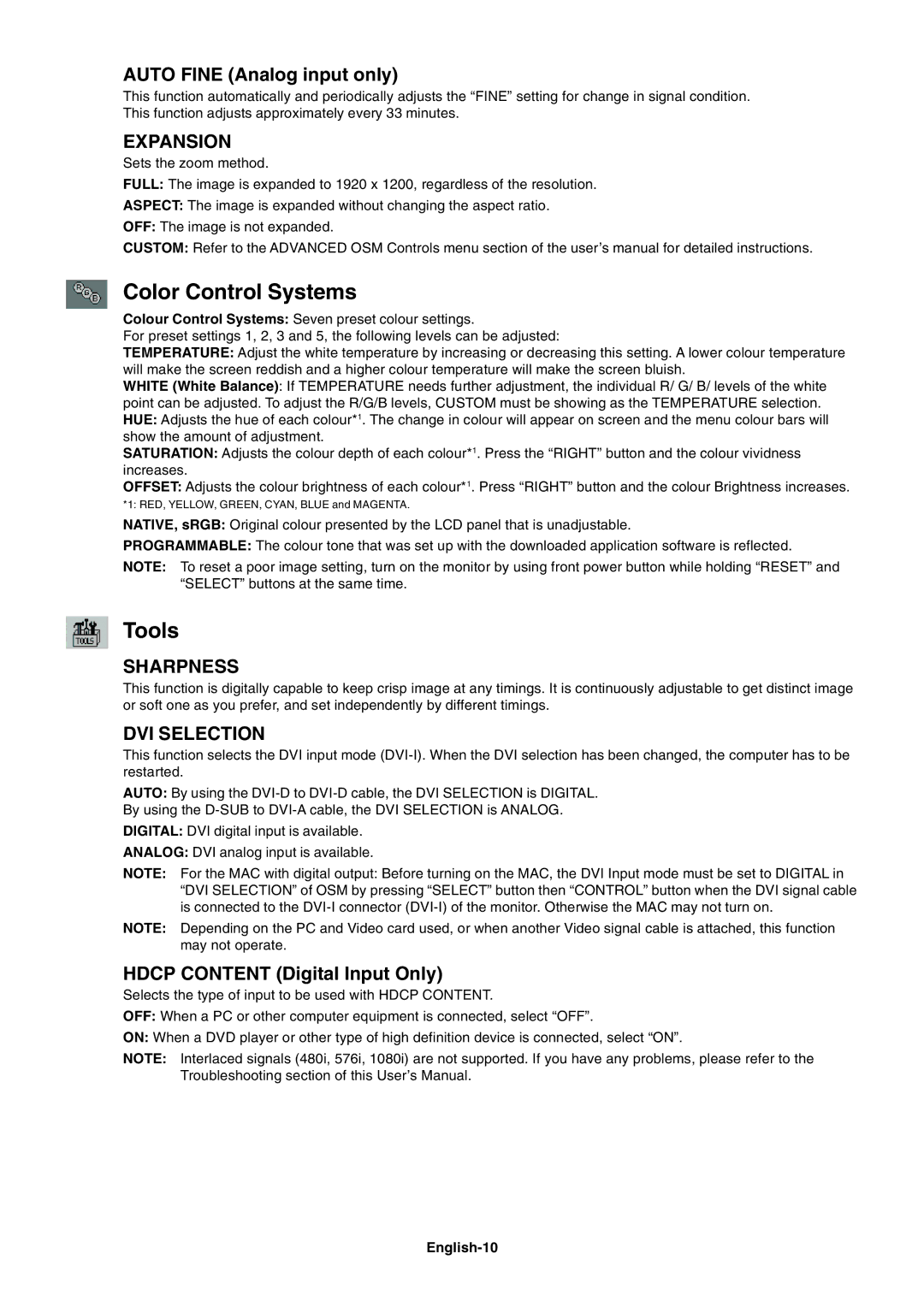 NEC LCD2690WUXi user manual Color Control Systems, Tools, Expansion, Sharpness, DVI Selection 