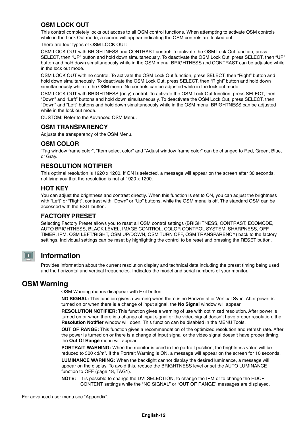 NEC LCD2690WUXi user manual Information, OSM Warning 