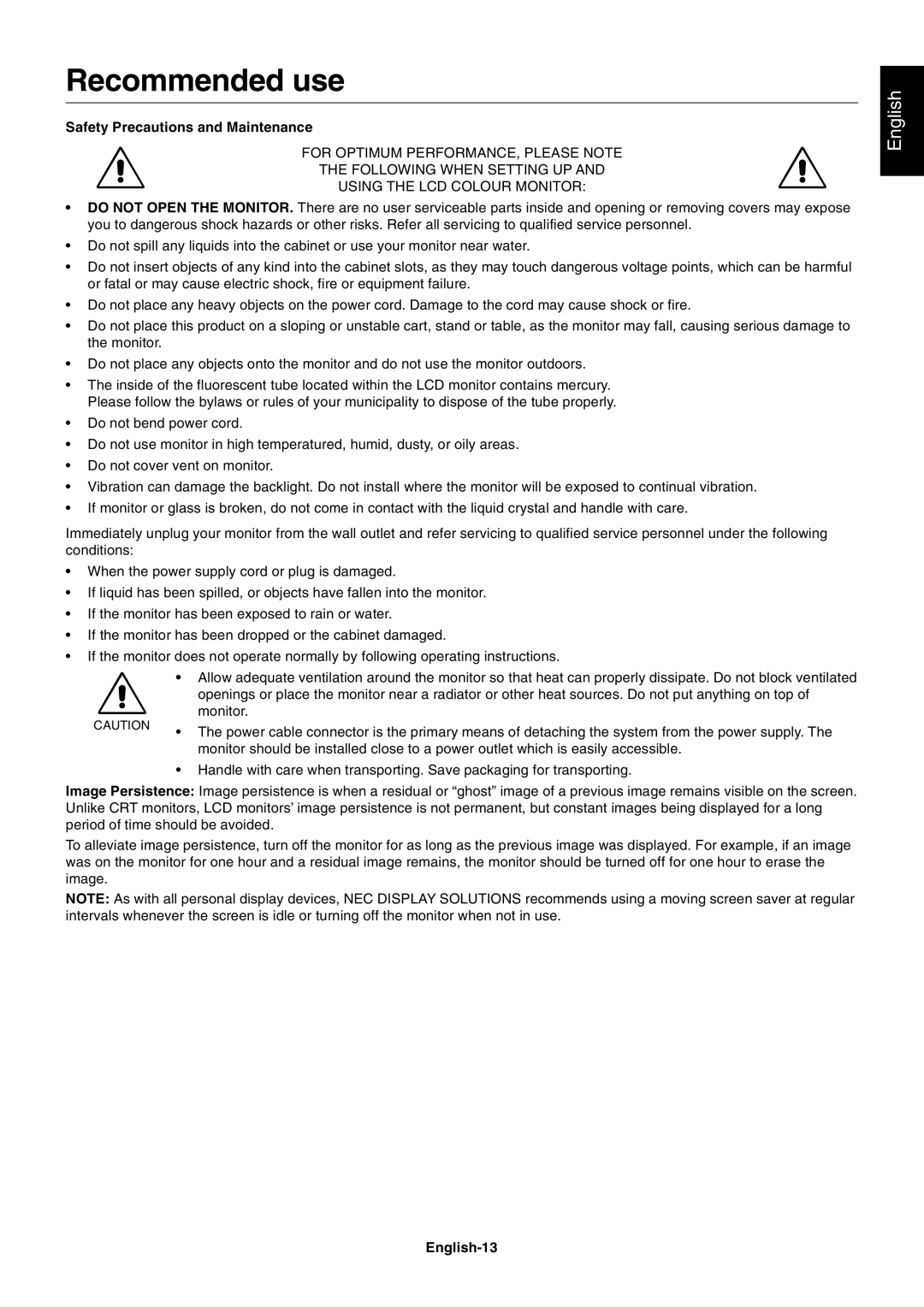 NEC LCD2690WUXi user manual Recommended use, Safety Precautions and Maintenance, English-13 