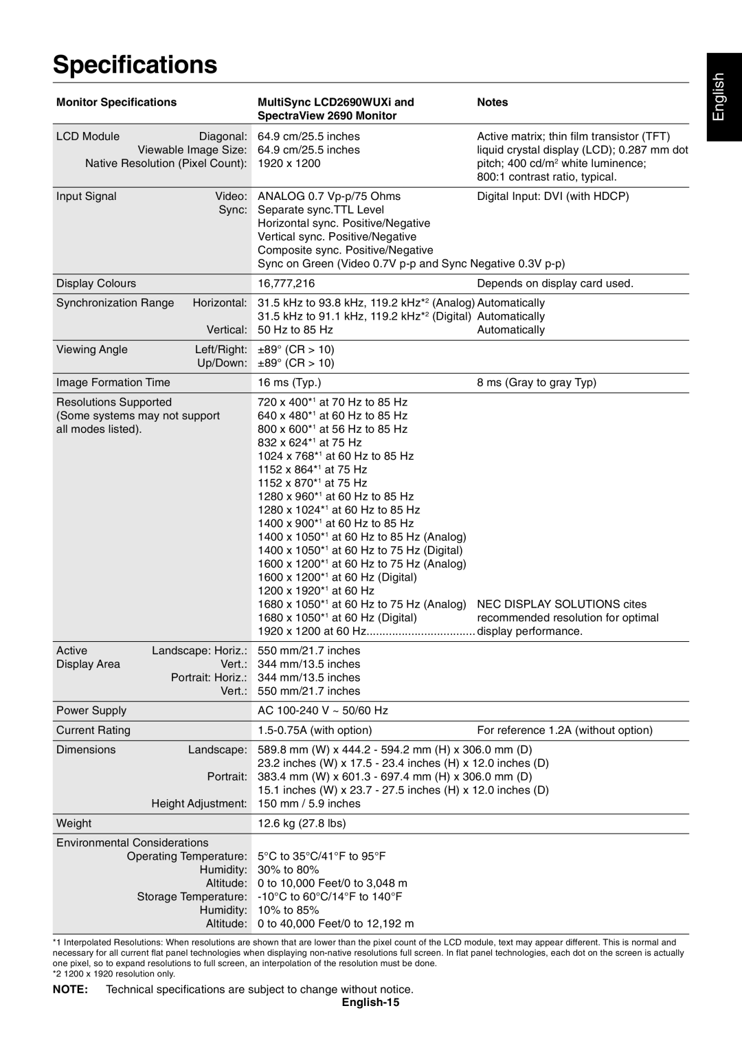 NEC LCD2690WUXi user manual Specifications, English-15 