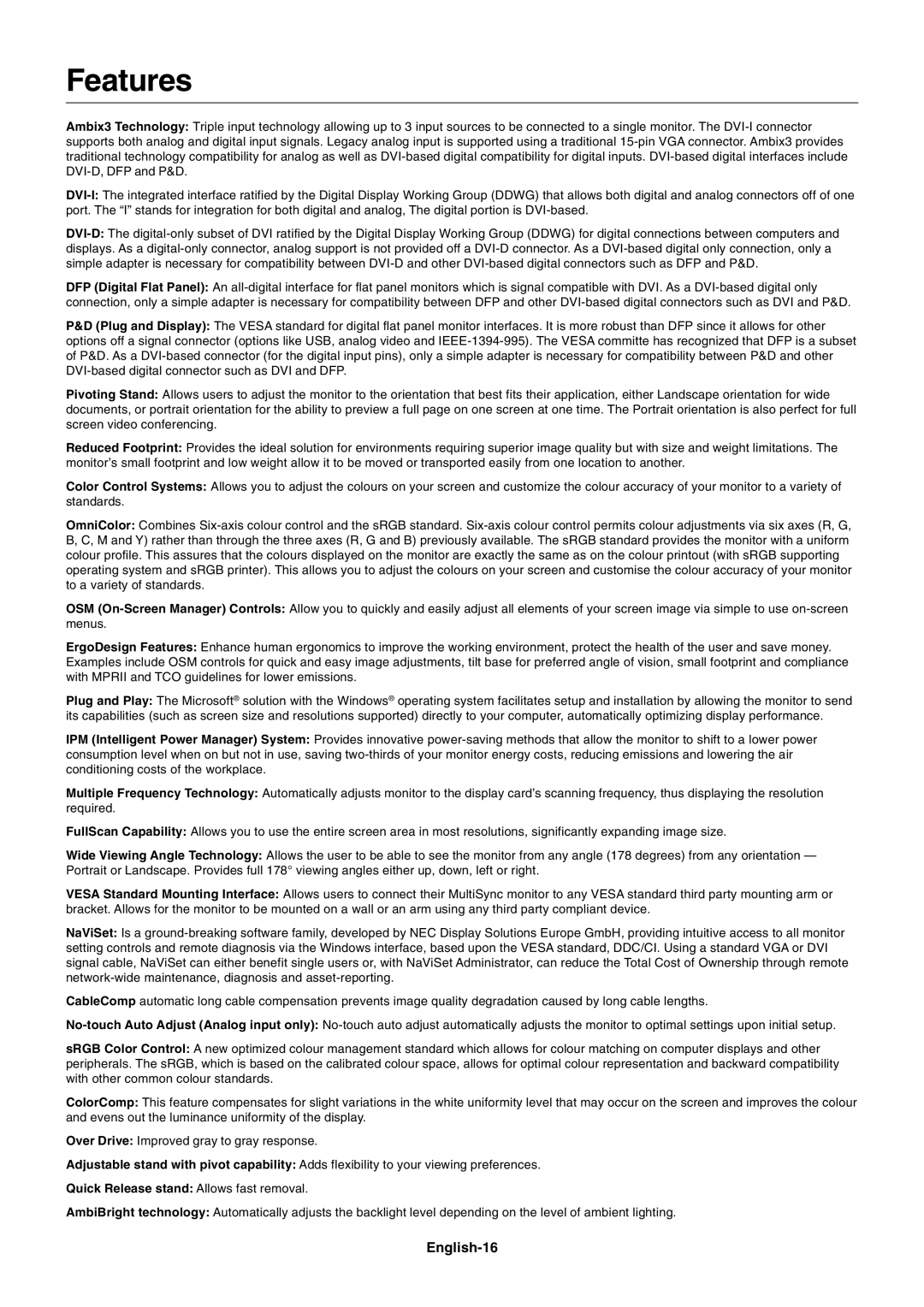 NEC LCD2690WUXi user manual Features, English-16 