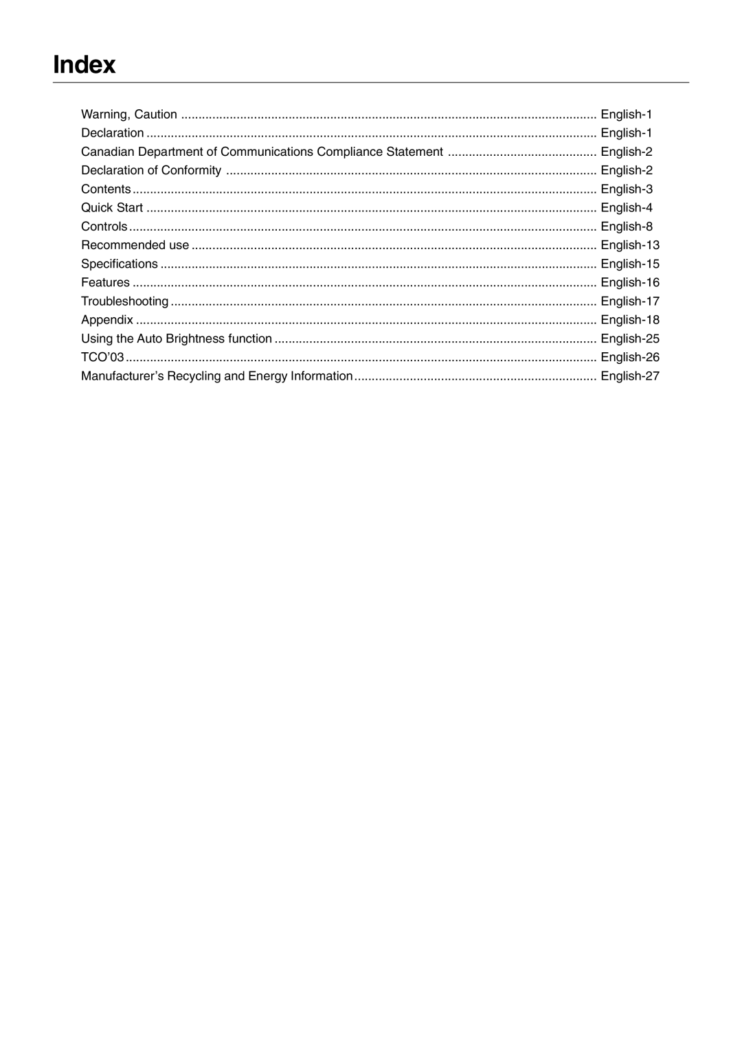 NEC LCD2690WUXi user manual Index, TCOÕ03 