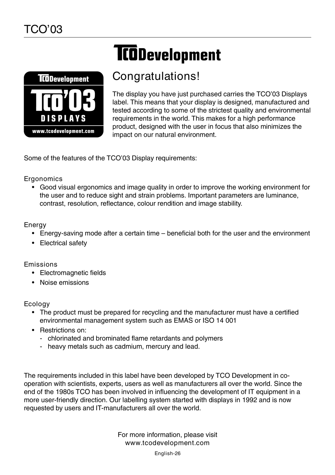 NEC LCD2690WUXi user manual TCO’03 Congratulations, English-26 