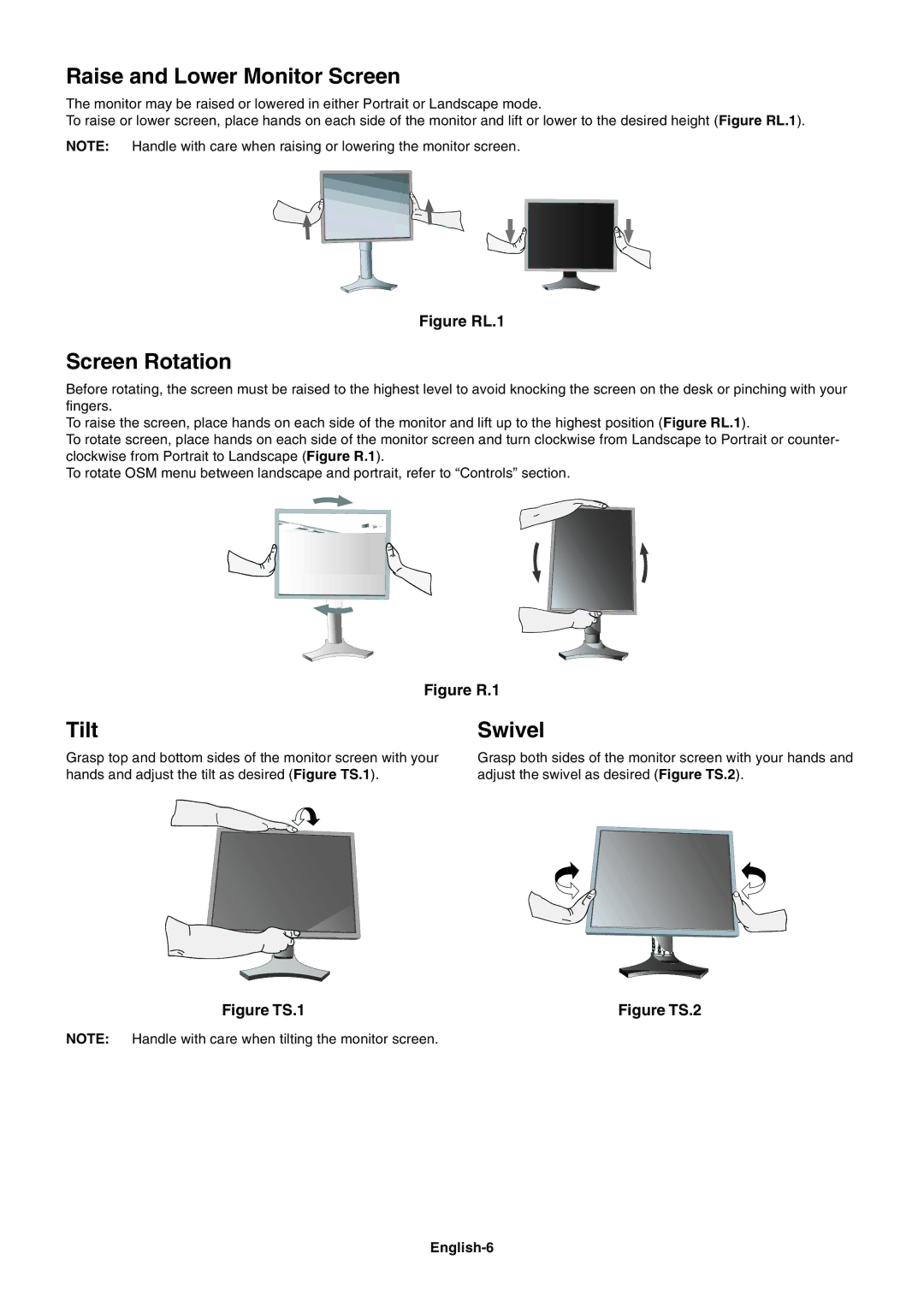 NEC LCD2690WUXi user manual Raise and Lower Monitor Screen, Screen Rotation, Tilt, Swivel, English-6 