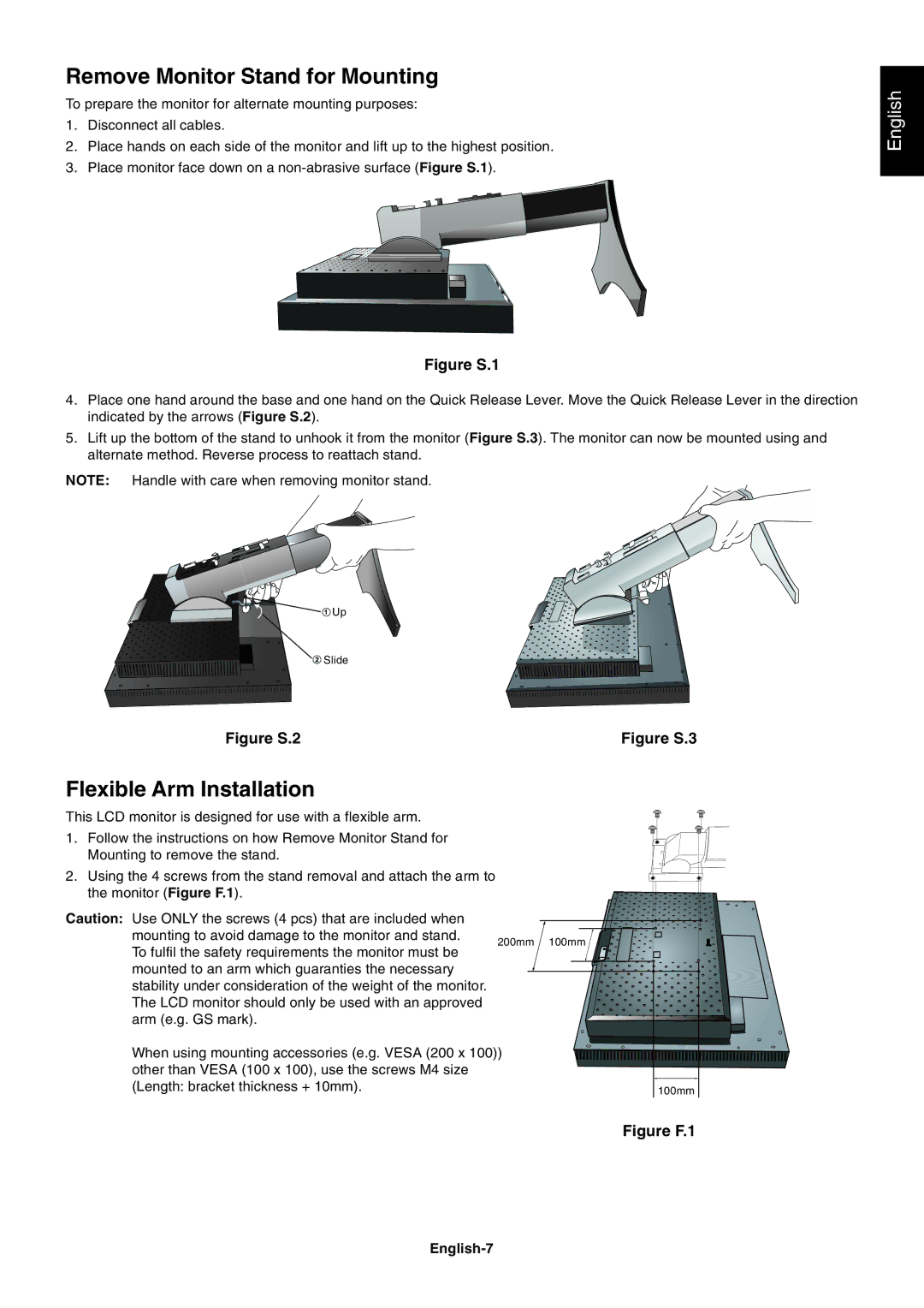 NEC LCD2690WUXi user manual Remove Monitor Stand for Mounting, Flexible Arm Installation, English-7 