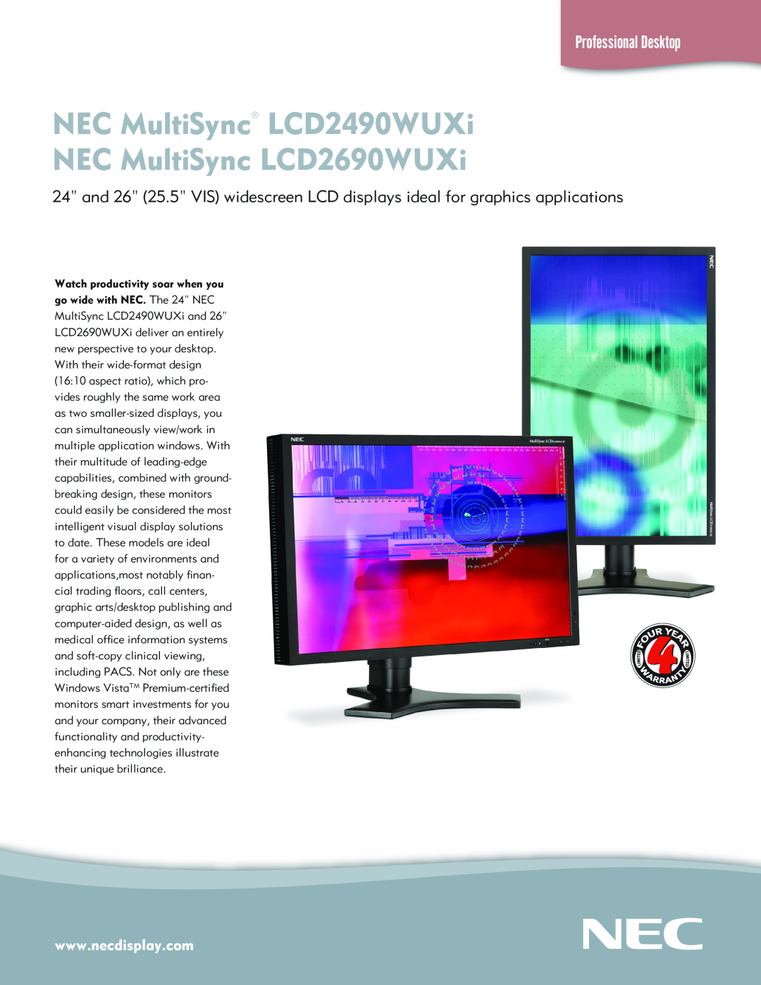 NEC manual NEC MultiSync LCD2490WUXi, NEC MultiSync LCD2690WUXi, Professional Desktop 