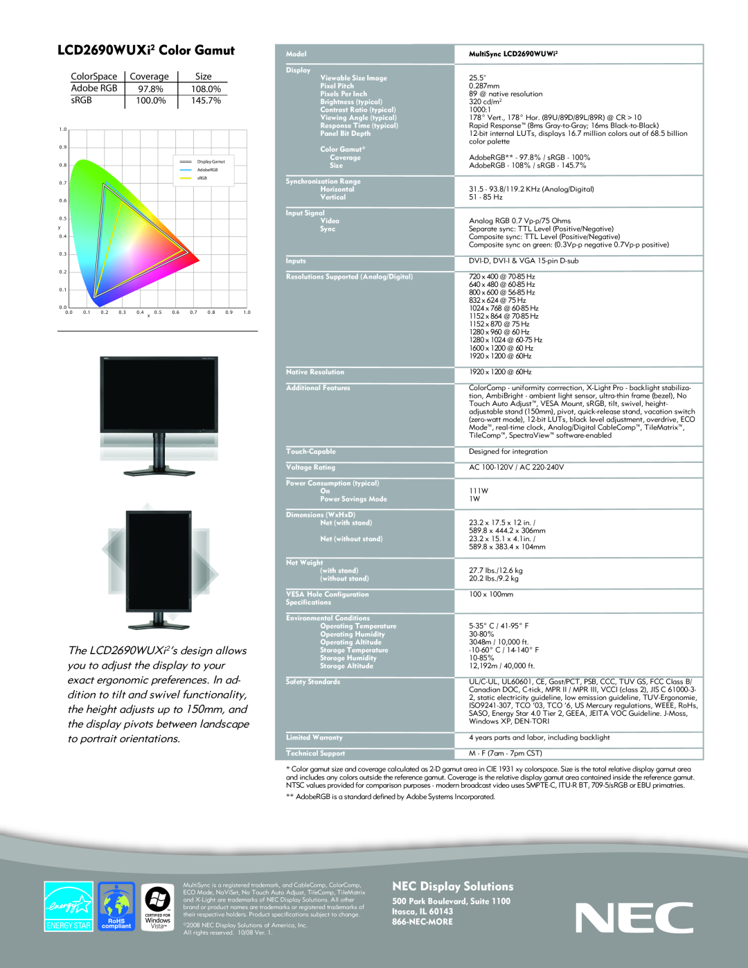 NEC manual LCD2690WUXi2 Color Gamut, NEC Display Solutions, Park Boulevard, Suite Itasca, IL 866-NEC-MORE 