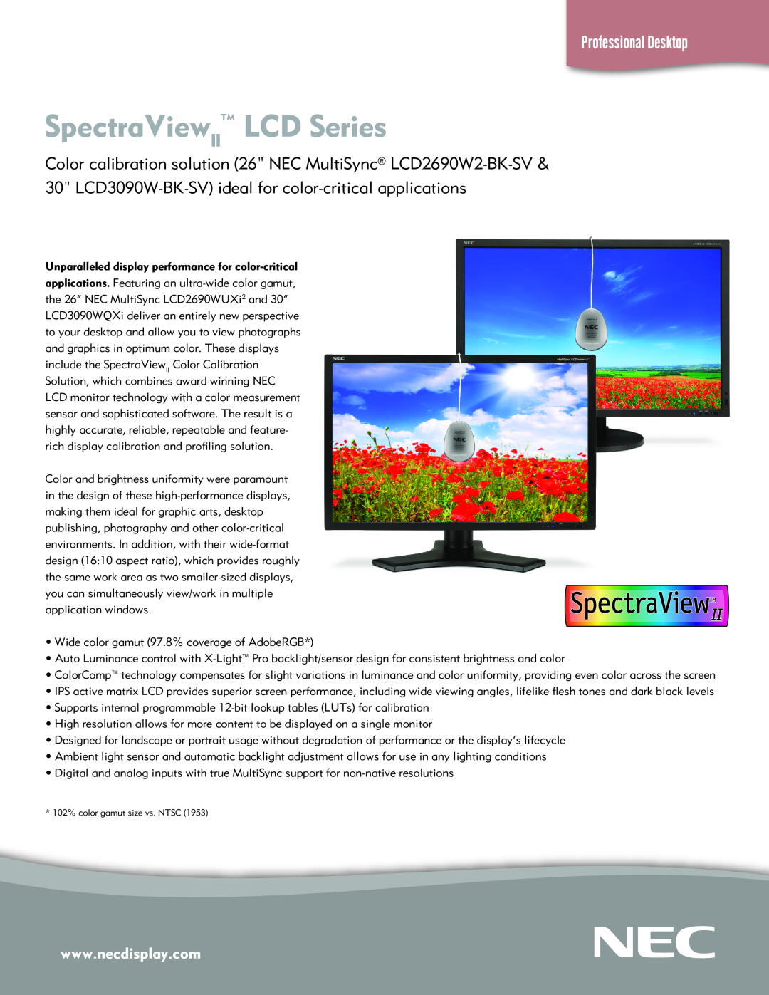 NEC LCD2690W2-BK-S, LCD3090W-BK-SV manual SpectraViewIITM LCD Series, Professional Desktop 