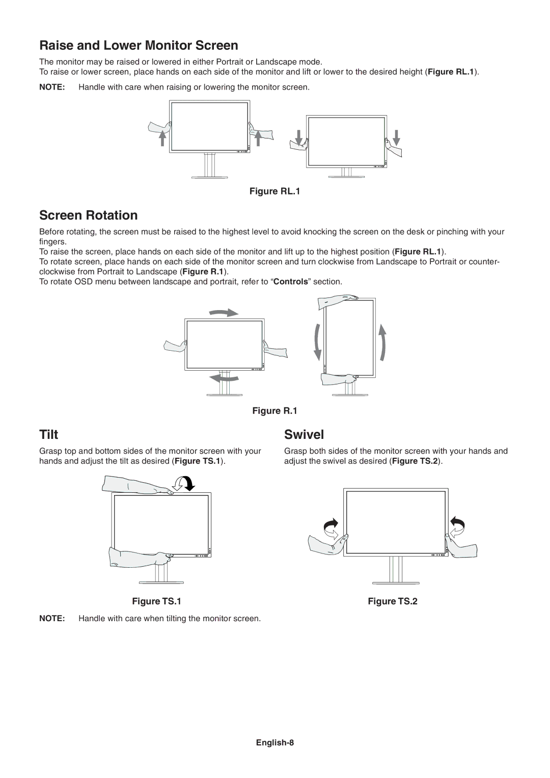 NEC LCD3090WQXi user manual Raise and Lower Monitor Screen, Screen Rotation, Tilt, Swivel, English-8 