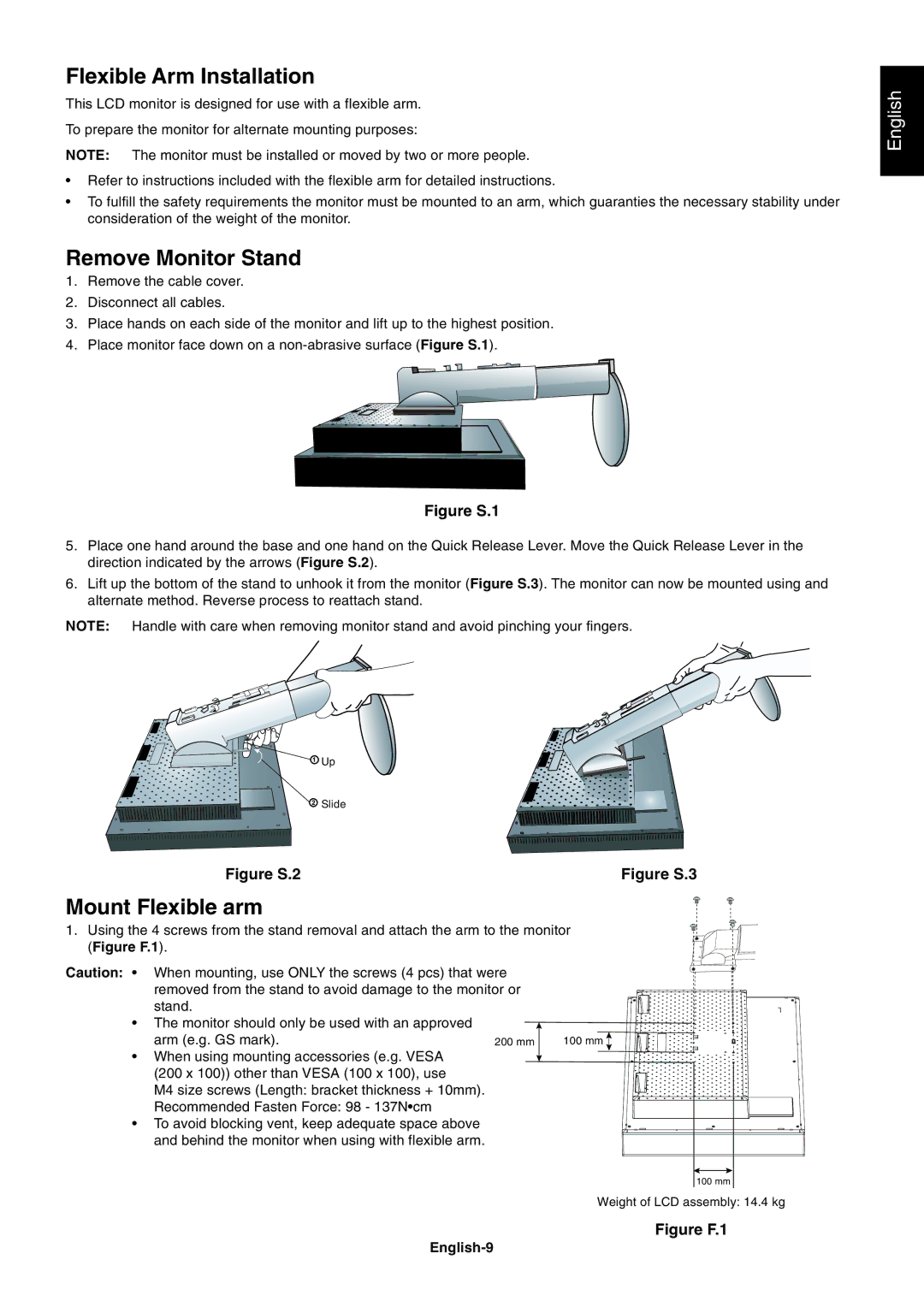 NEC LCD3090WQXi user manual Flexible Arm Installation, Remove Monitor Stand, Mount Flexible arm, English-9 