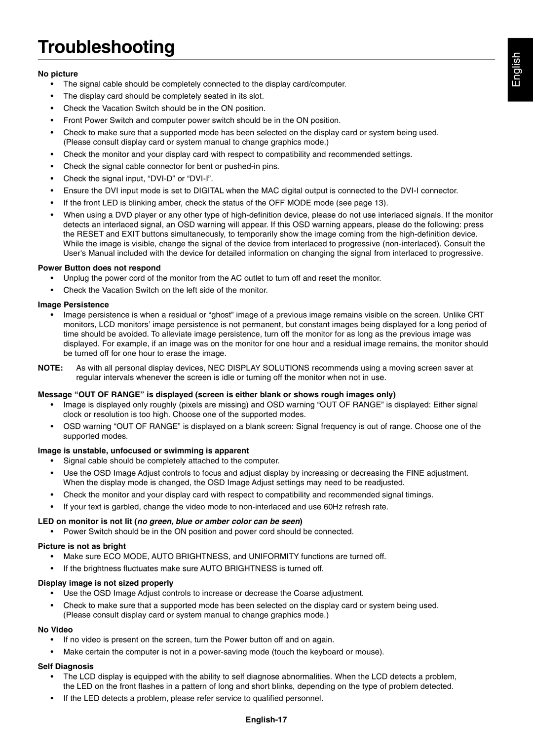 NEC LCD3090WQXi user manual Troubleshooting 