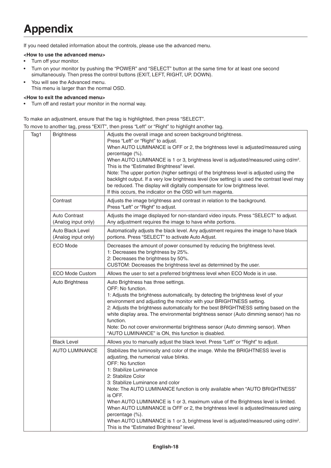 NEC LCD3090WQXi Appendix, How to use the advanced menu, How to exit the advanced menu, Auto Luminance, English-18 