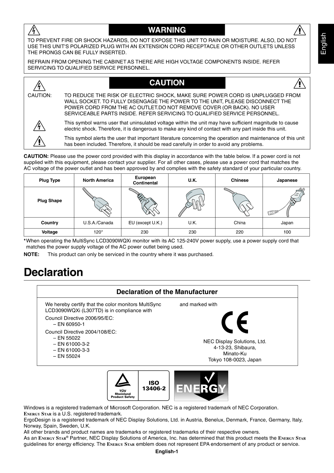 NEC LCD3090WQXi user manual Declaration of the Manufacturer, English-1 