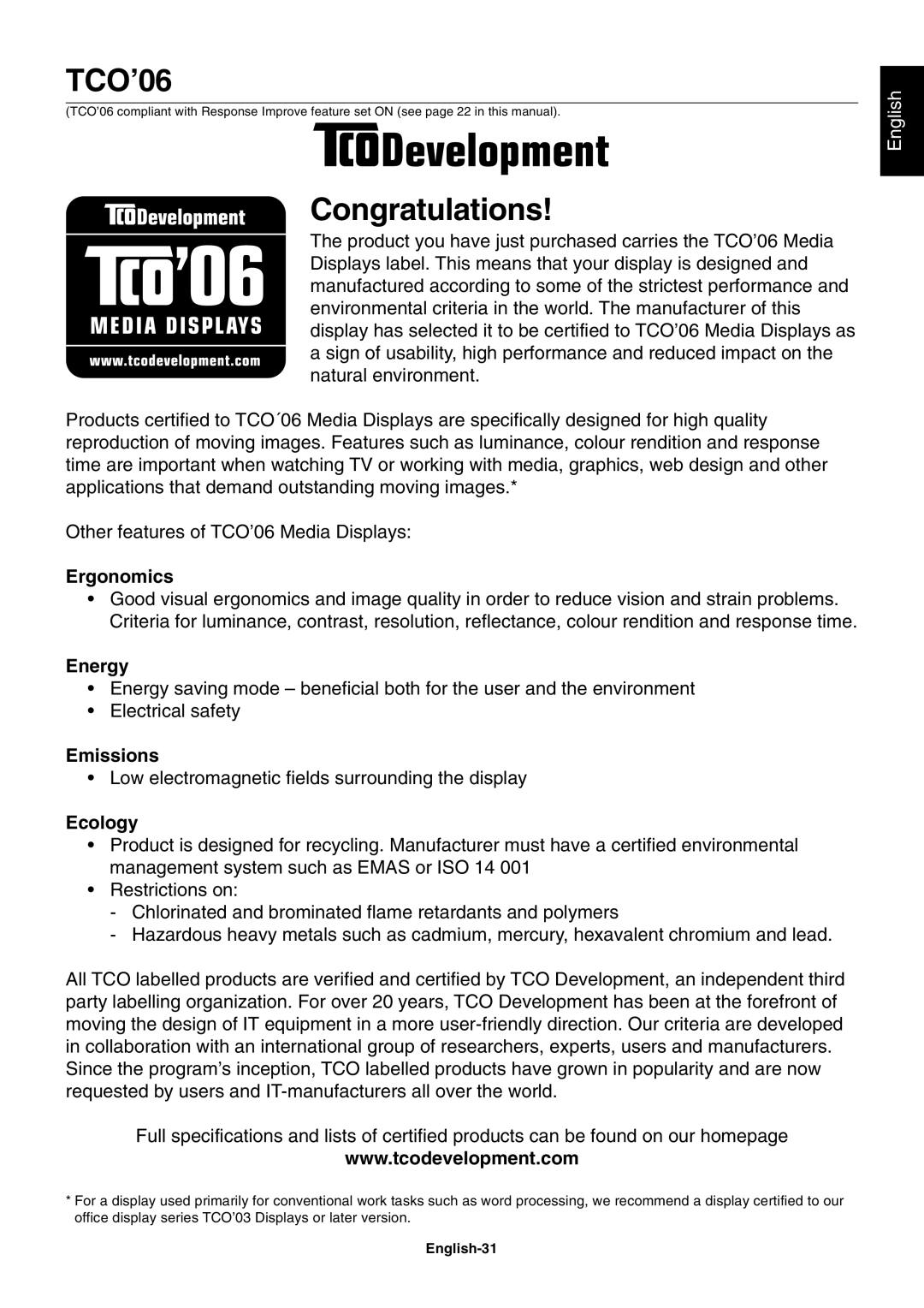 NEC LCD3090WQXi user manual TCO’06, English-31 