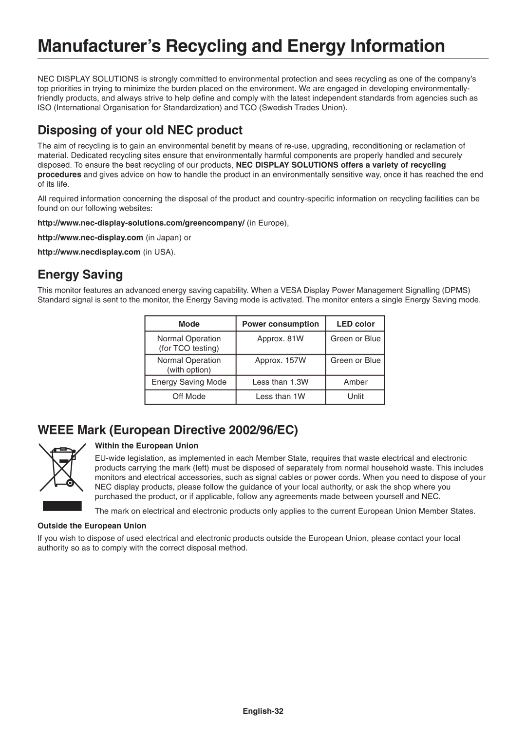 NEC LCD3090WQXi Manufacturer’s Recycling and Energy Information, Disposing of your old NEC product, Energy Saving 