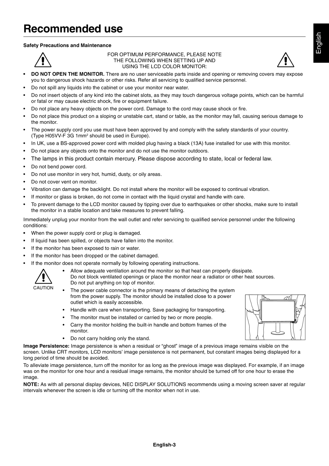 NEC LCD3090WQXi user manual Recommended use, Safety Precautions and Maintenance, English-3 