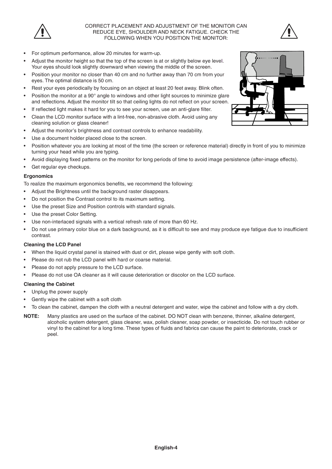 NEC LCD3090WQXi user manual Ergonomics, Cleaning the LCD Panel, Cleaning the Cabinet, English-4 