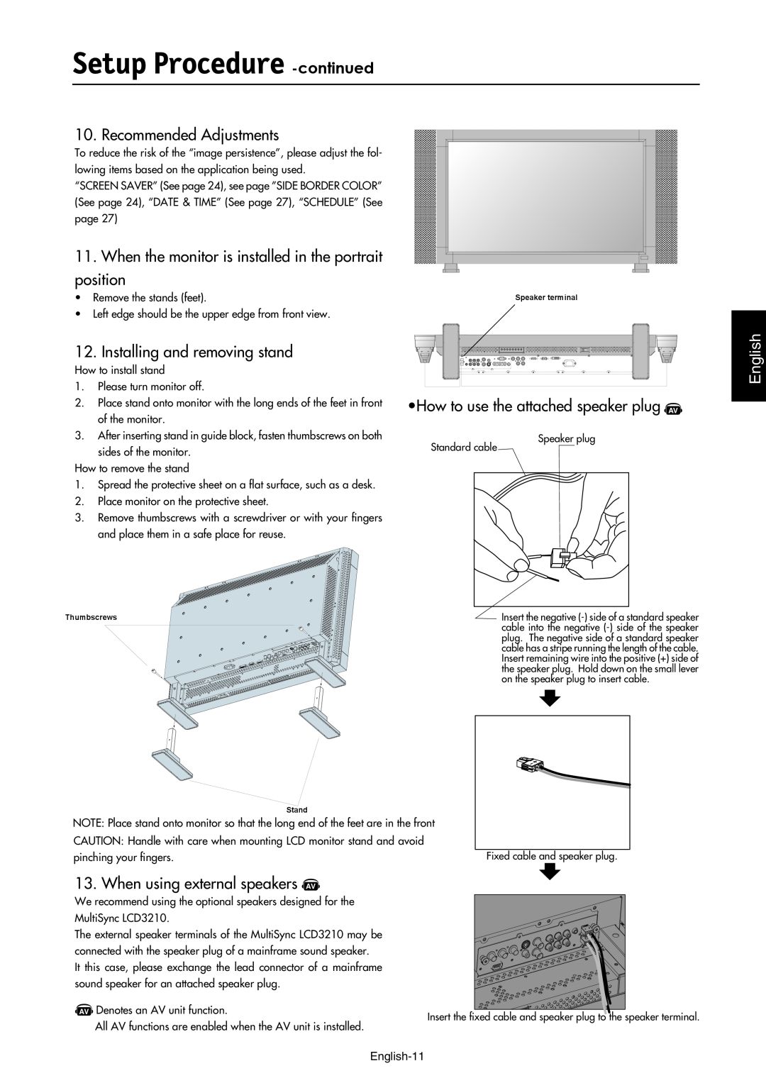 NEC LCD3210 manual Setup Procedure -continued, Recommended Adjustments, Installing and removing stand, English-11 