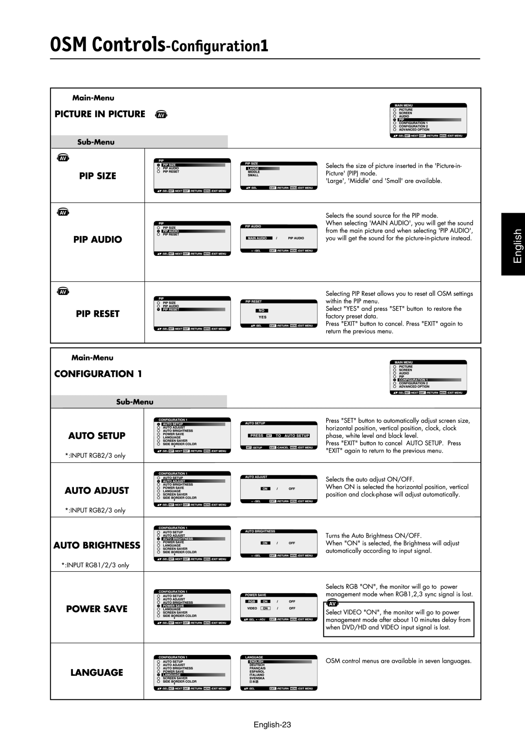 NEC LCD3210 manual OSM Controls-Conﬁguration1, English-23 