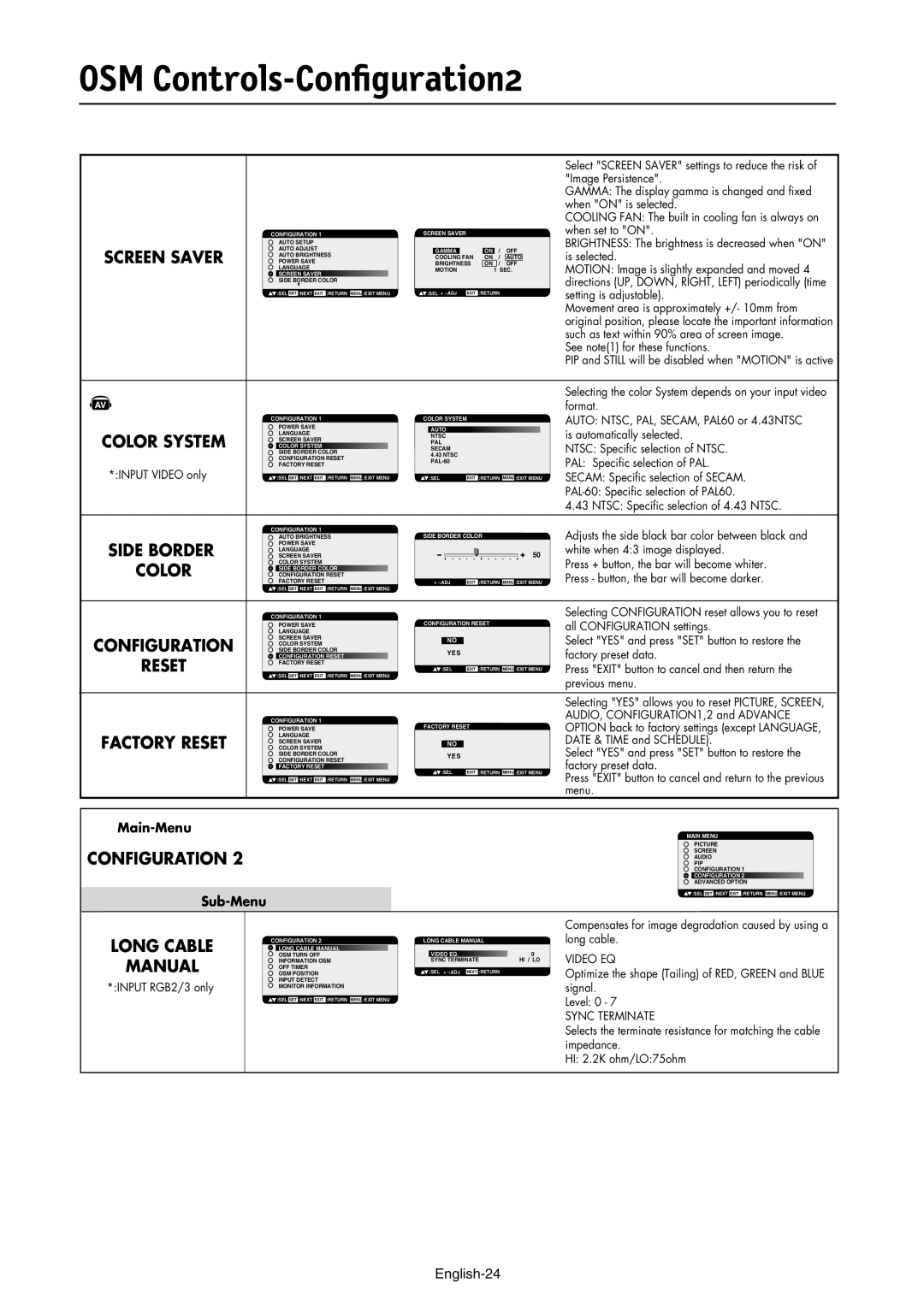 NEC LCD3210 manual OSM Controls-Conﬁguration2, Side Border, Configuration, Factory Reset, Long Cable Manual, Screen Saver 