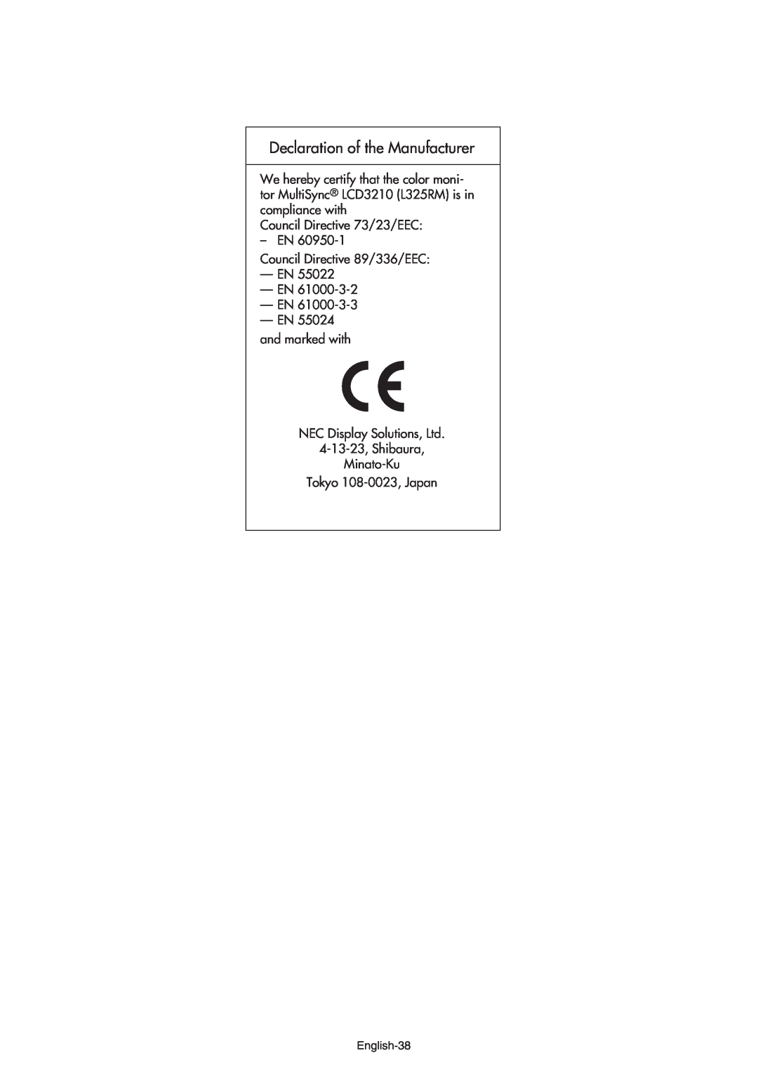 NEC LCD3210 Declaration of the Manufacturer, Council Directive 73/23/EEC – EN, and marked with NEC Display Solutions, Ltd 