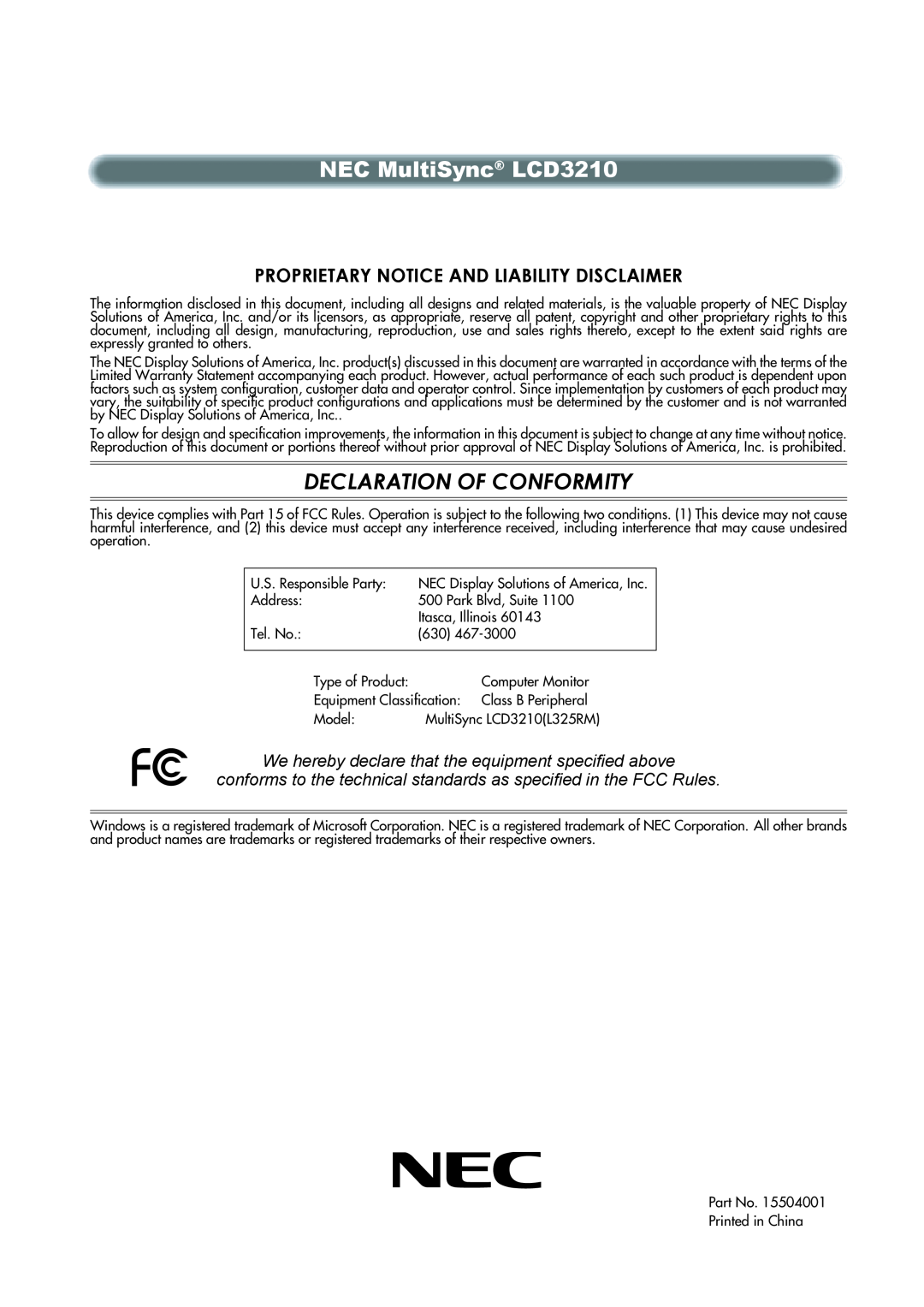 NEC manual Proprietary Notice And Liability Disclaimer, NEC MultiSync LCD3210, Declaration Of Conformity 