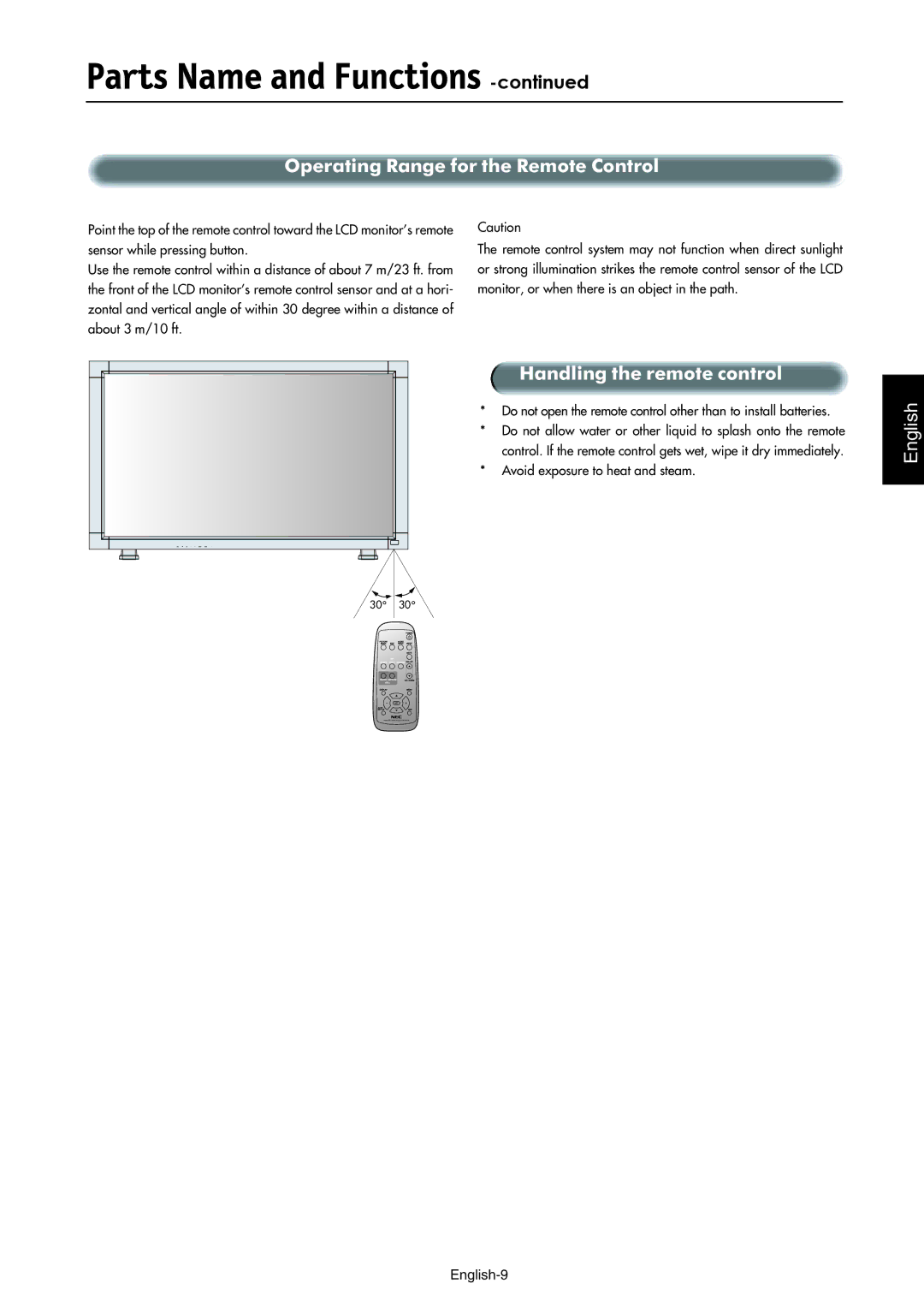 NEC LCD3210 manual Operating Range for the Remote Control, Handling the remote control 