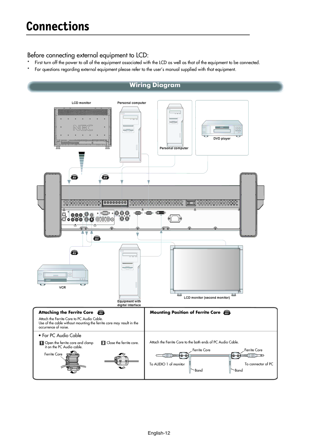 NEC LCD3210 manual Connections, Before connecting external equipment to LCD, Wiring Diagram 