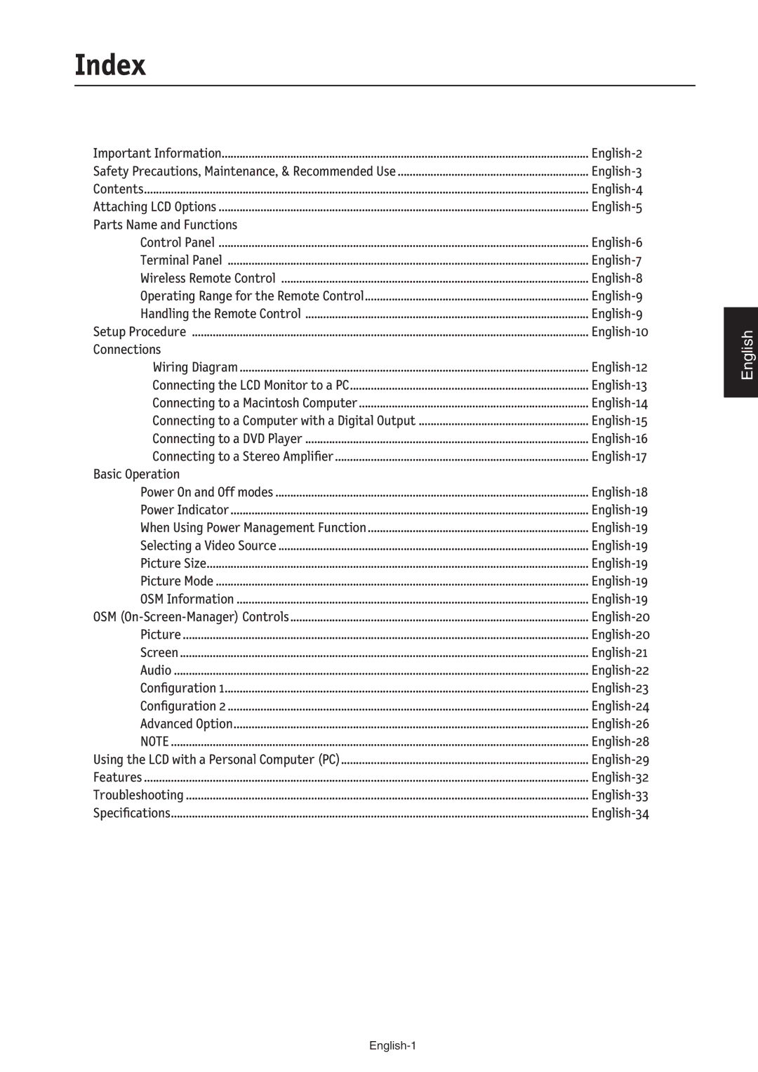 NEC LCD3210 manual Index, Connections 