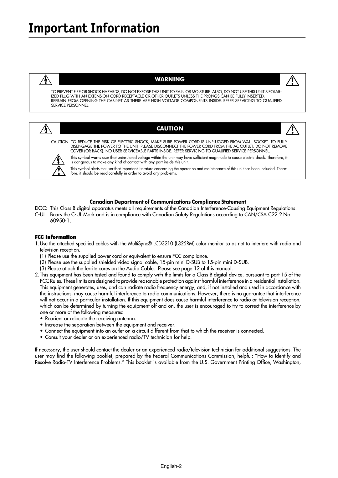 NEC LCD3210 manual Important Information, Canadian Department of Communications Compliance Statement 