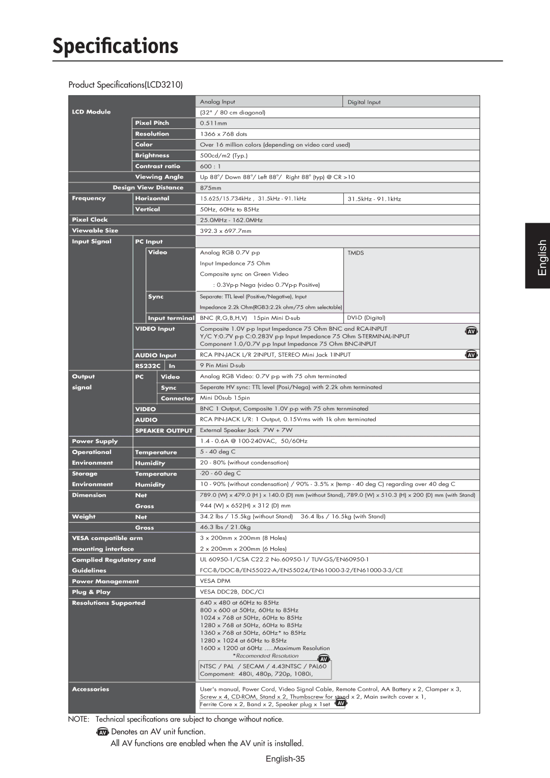 NEC manual Product SpeciﬁcationsLCD3210 