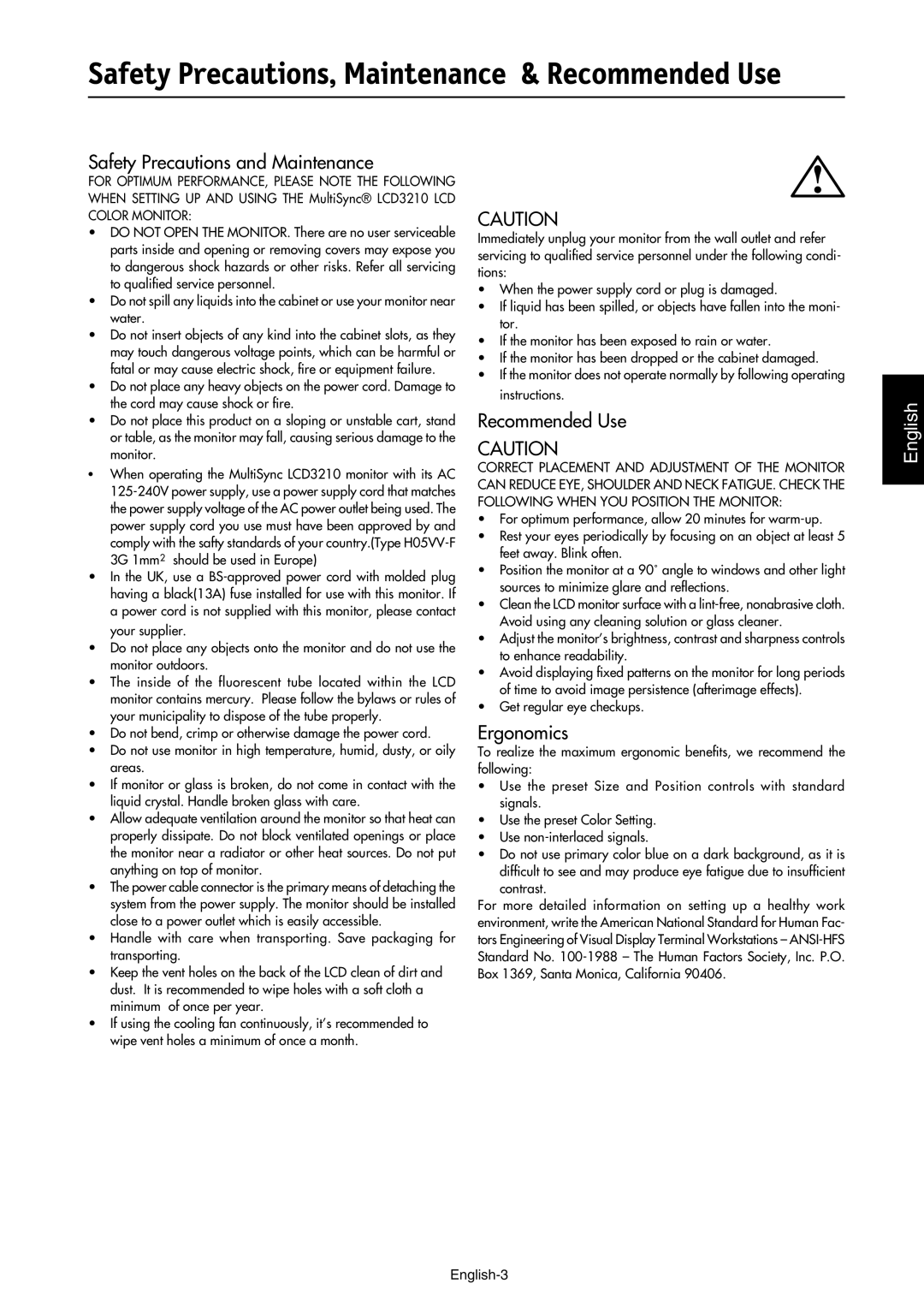 NEC LCD3210 manual Safety Precautions and Maintenance, Recommended Use, Ergonomics 