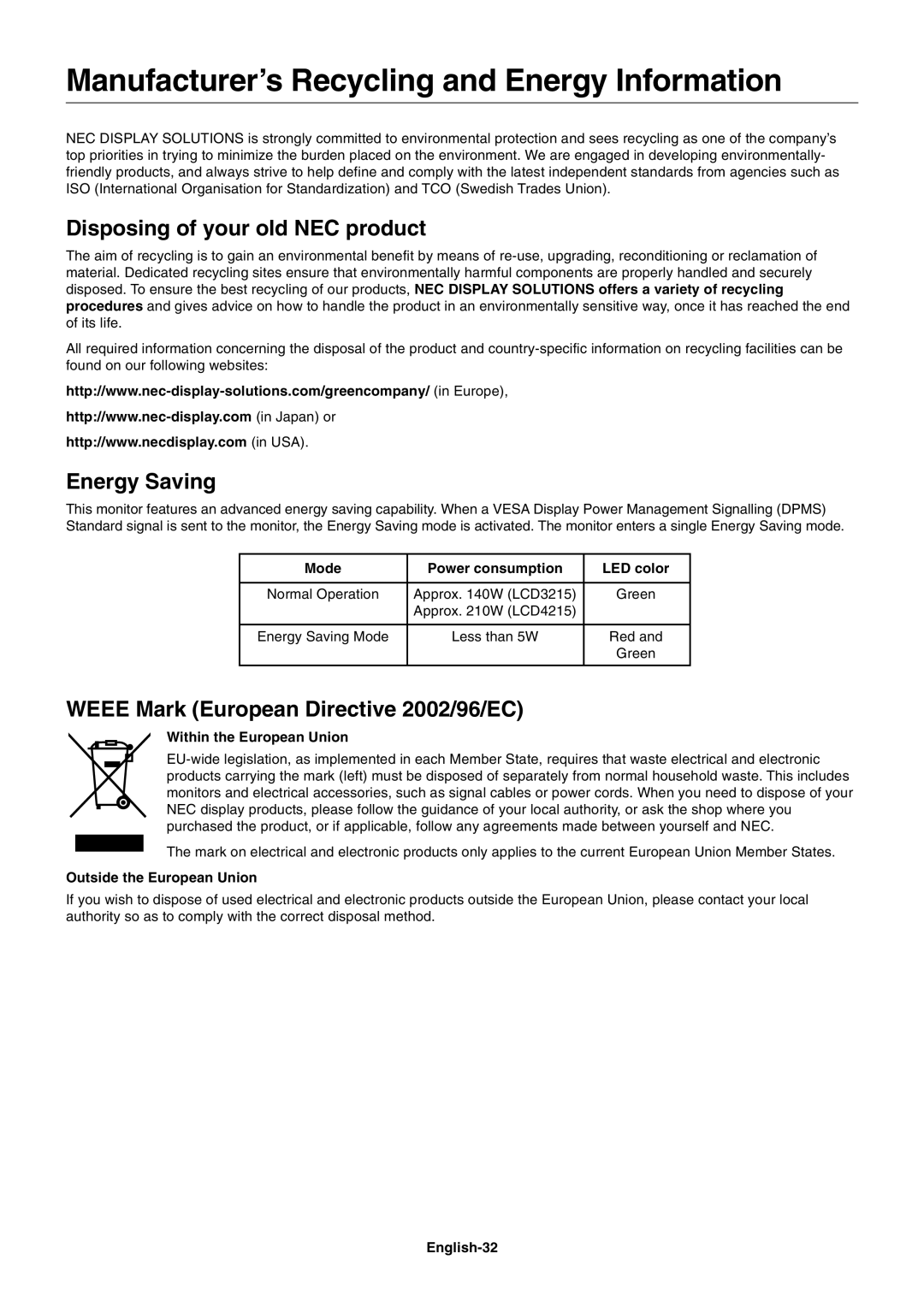 NEC LCD3215, LCD4215 Manufacturer’s Recycling and Energy Information, Disposing of your old NEC product, Energy Saving 