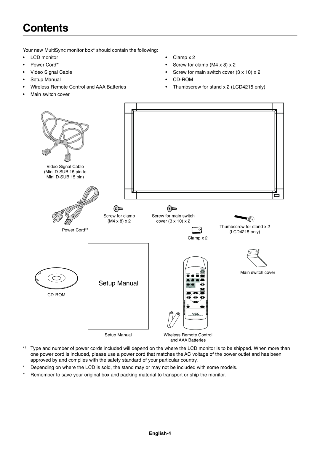 NEC LCD3215, LCD4215 user manual Contents, Setup Manual 