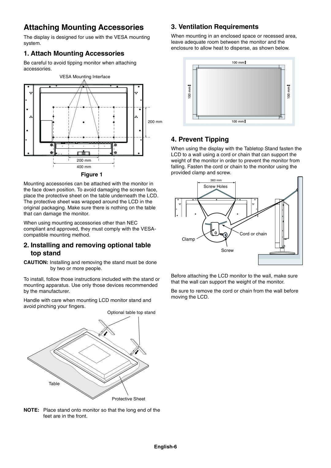 NEC LCD3215 Attaching Mounting Accessories, Attach Mounting Accessories, Installing and removing optional table top stand 