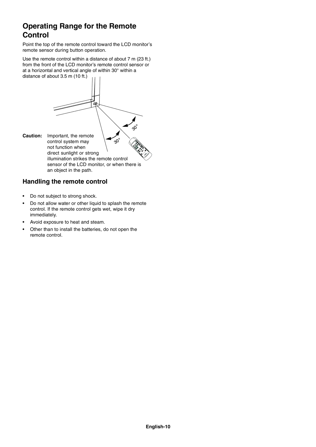 NEC LCD3215, LCD4215 user manual Operating Range for the Remote Control, Handling the remote control, English-10 