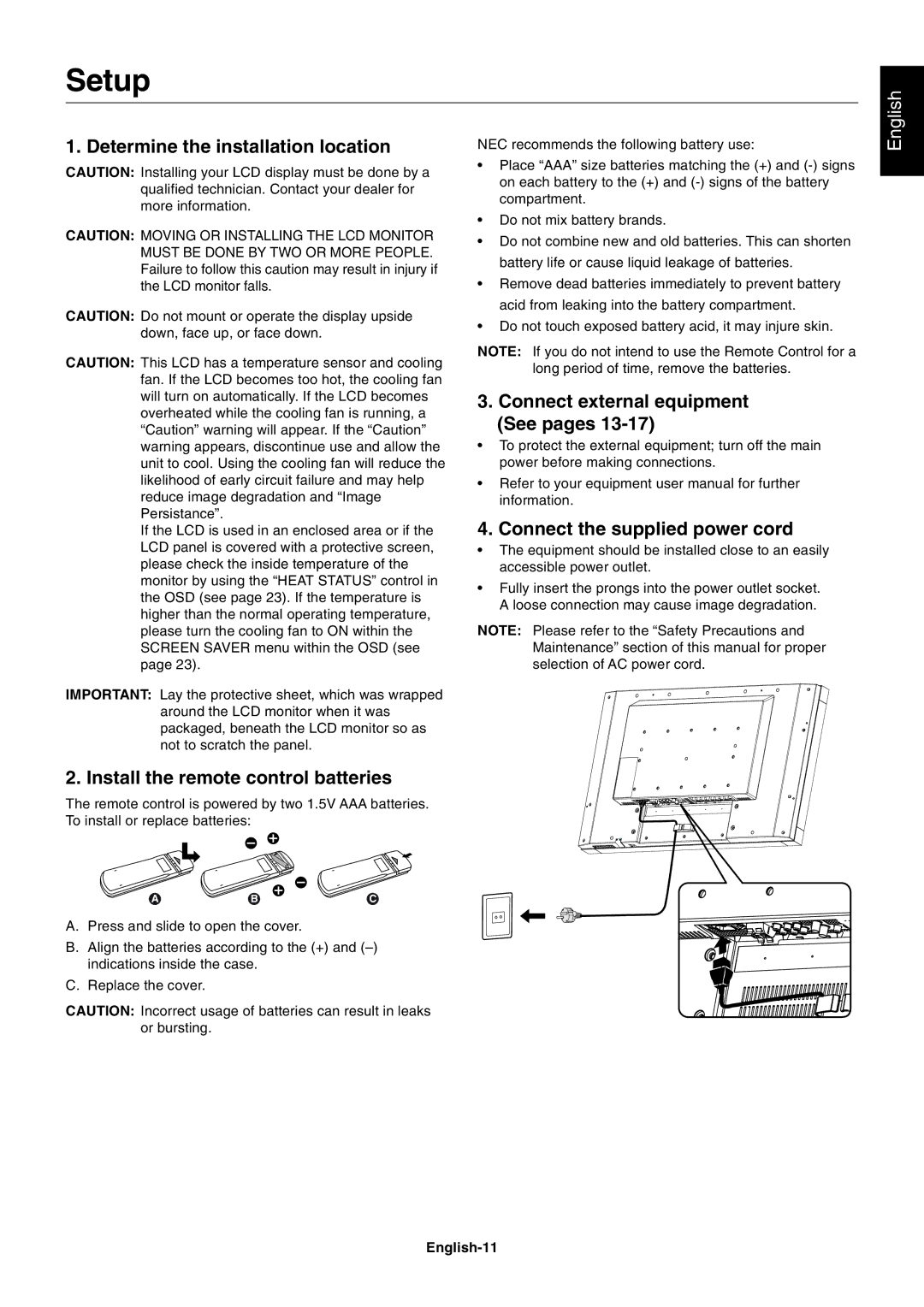 NEC LCD4215, LCD3215 user manual Setup, Determine the installation location, Install the remote control batteries 